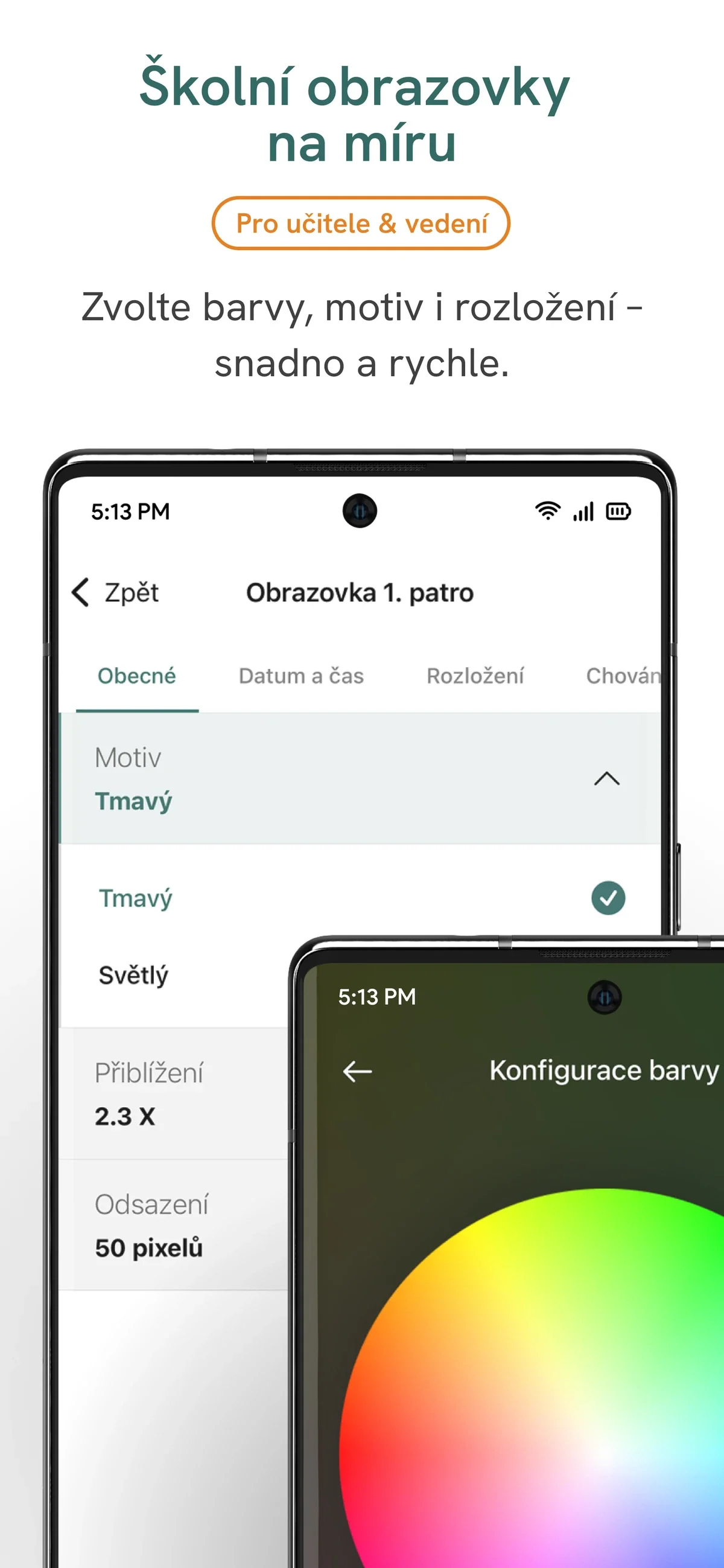 Školní obrazovky na míru pro učitele a vedení: barvy, motiv a rozložení, telefon s nastavením obrazovky a výběrem barvy