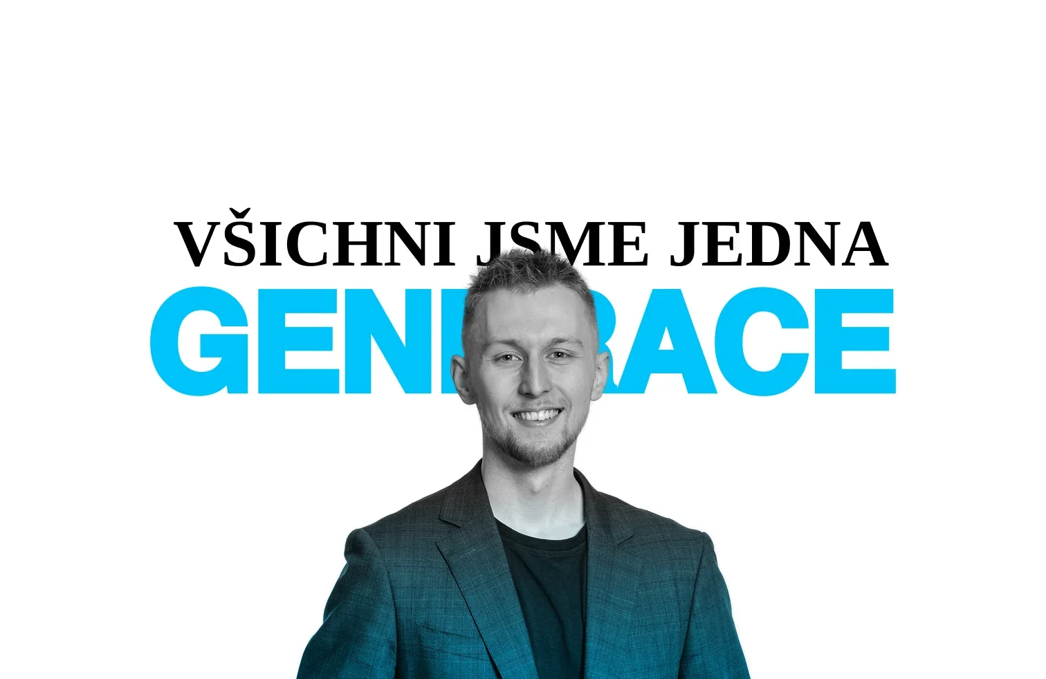Einstieg der zweiten Website-Richtung: Daniel Krutý auf weißem Grund mit dem Slogan Všichni jsme jedna generace