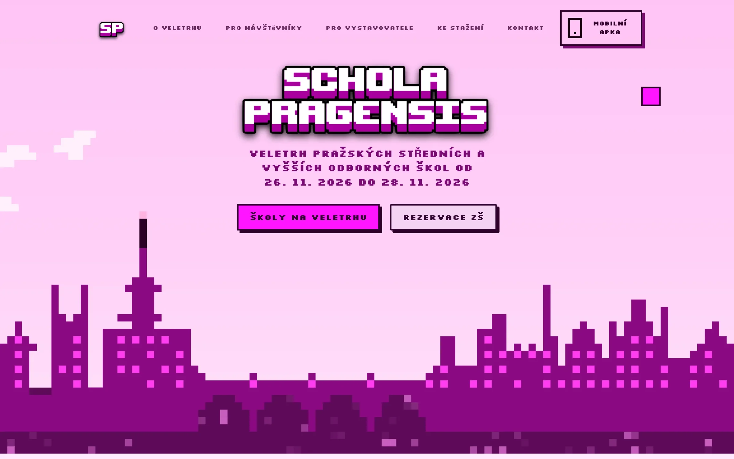 The Schola Pragensis pixel logo over the Prague skyline in shades of pink and purple