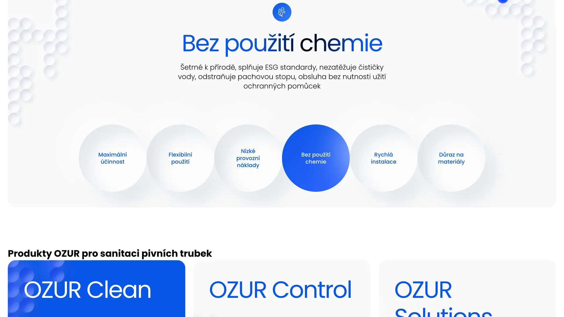 Sanixera-Website: sechs Vorteile der Ozur-Reinigung (maximale Wirksamkeit, flexible Nutzung, niedrige Betriebskosten, keine Chemie, schnelle Installation, Wert auf Materialien) und die Ozur-Produkte