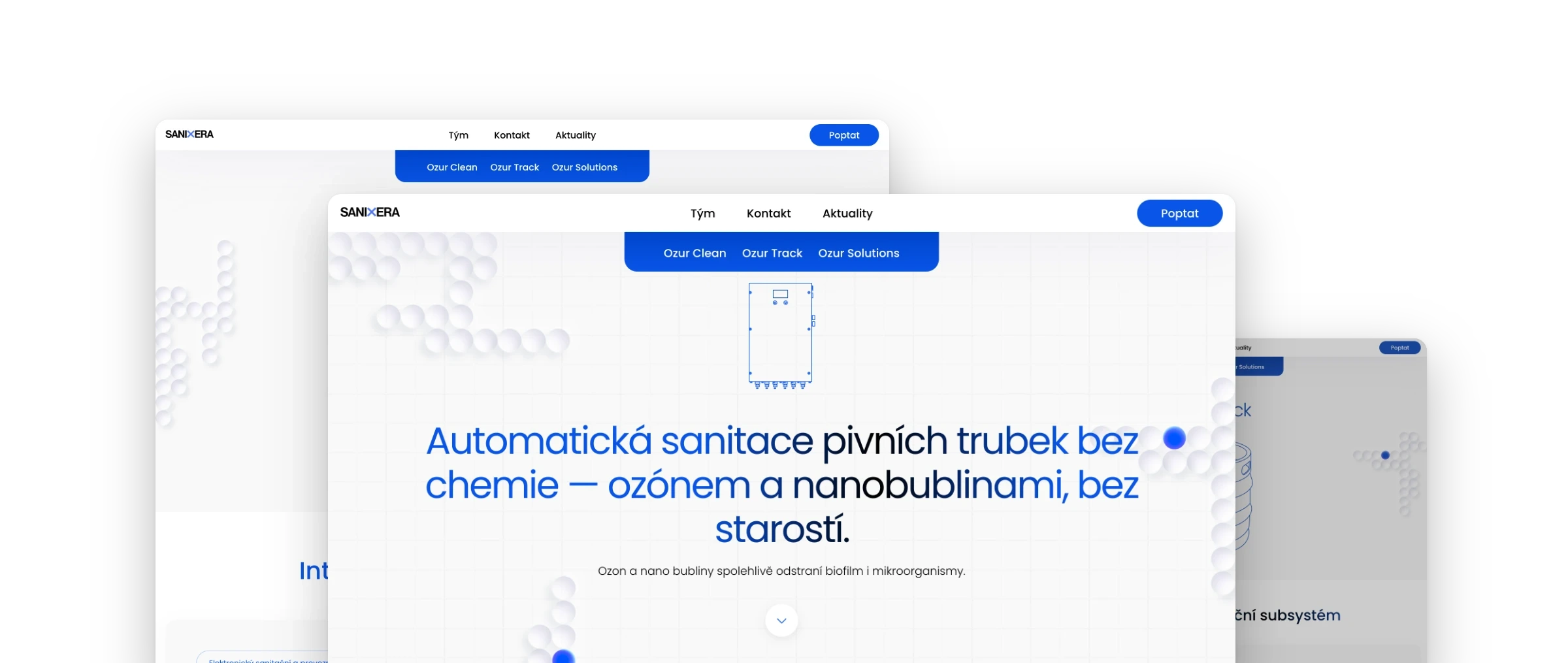 Bildschirme der Sanixera-Website übereinandergelegt: vorn die Startseite mit der Überschrift „Automatische Reinigung von Bierleitungen ohne Chemie“, dahinter die Produktseiten Ozur Clean und Ozur Track