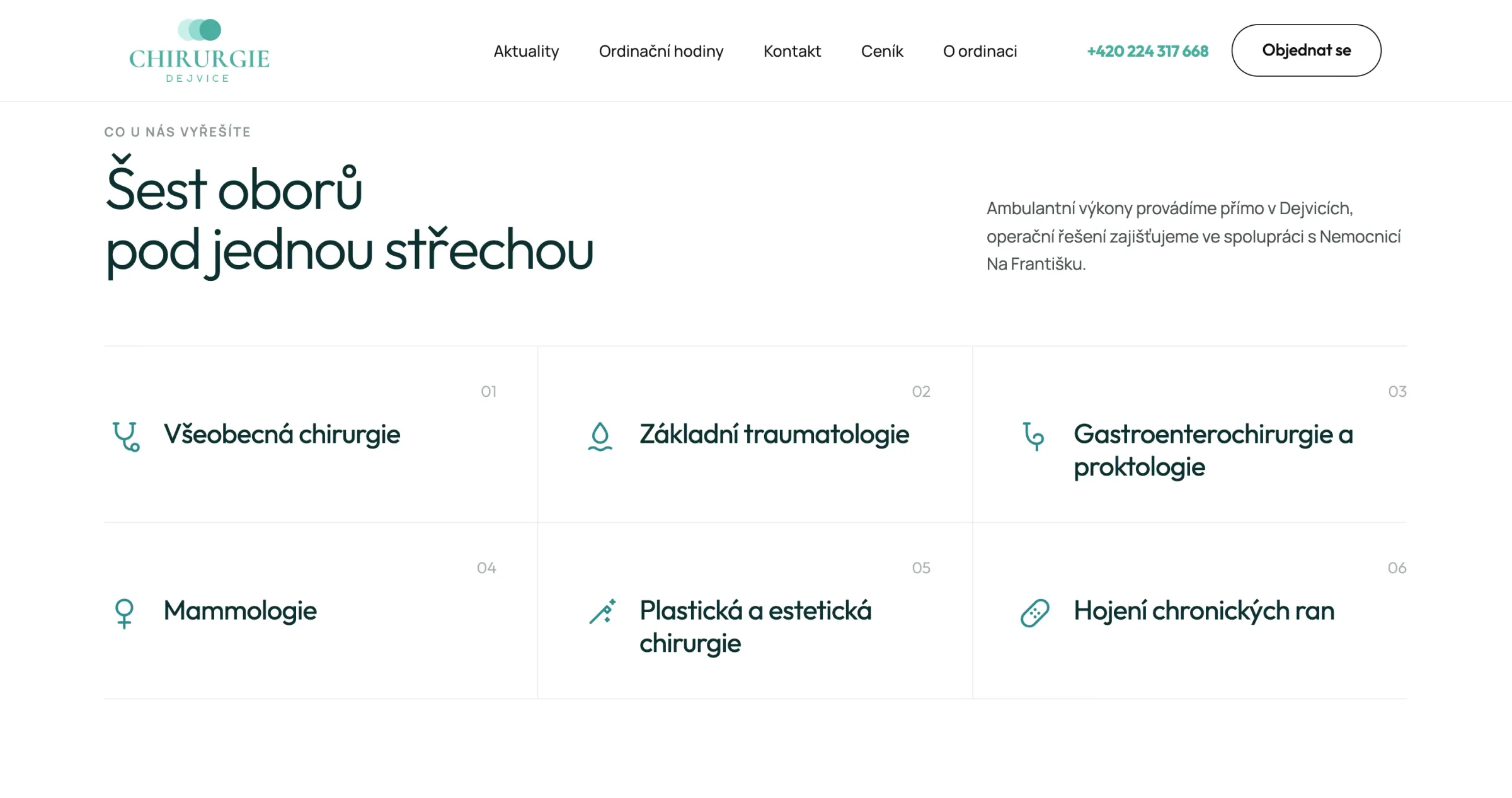 Sekce Šest oborů pod jednou střechou: všeobecná chirurgie, základní traumatologie, gastroenterochirurgie a proktologie, mammologie, plastická a estetická chirurgie a hojení chronických ran