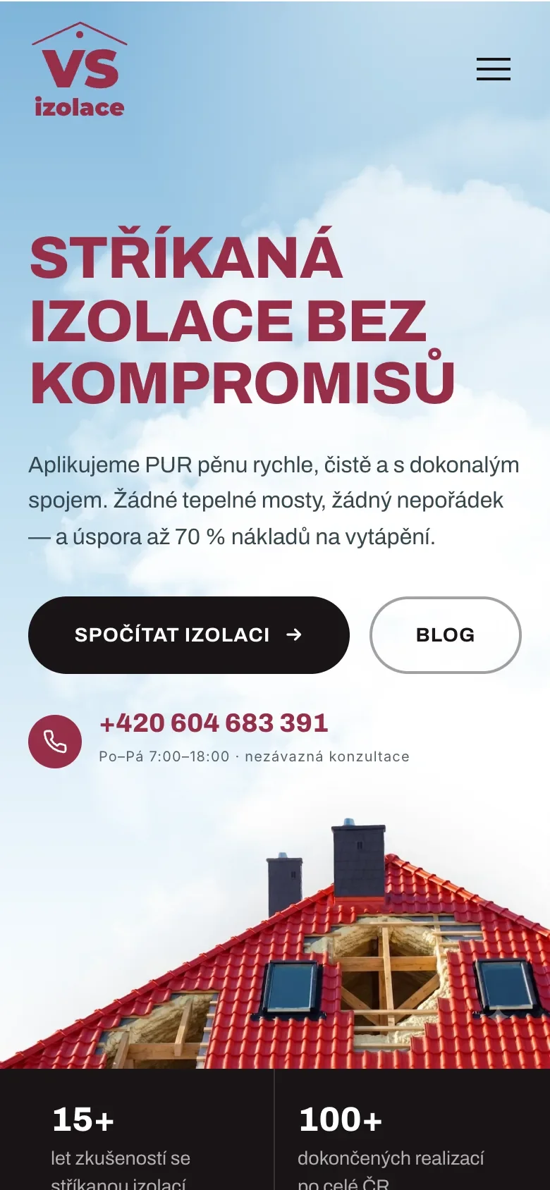 Úvodní stránka VS izolace v telefonu: nadpis, tlačítka Spočítat izolaci a Blog, telefon a červená střecha