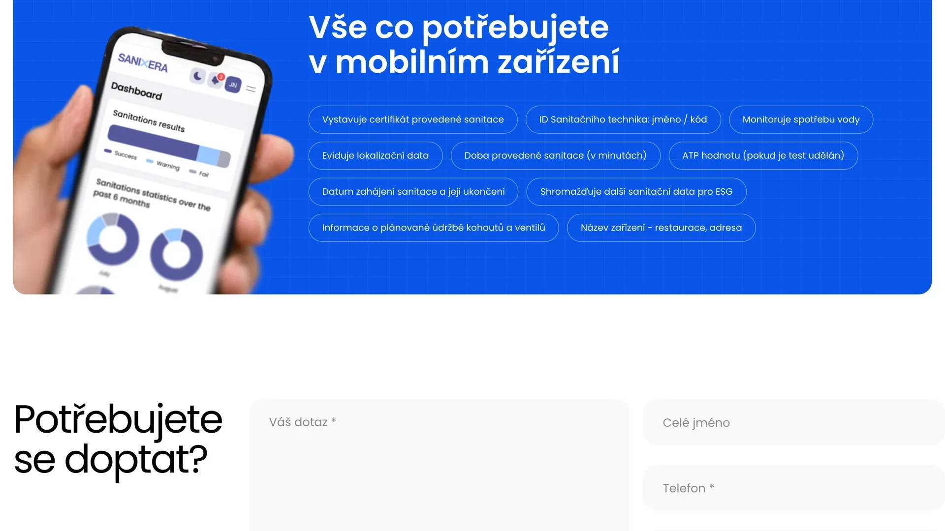 Sanixera-Website: Bereich „Alles, was Sie auf dem Mobilgerät brauchen“ mit einer Vorschau der App Ozur Cloud ESD