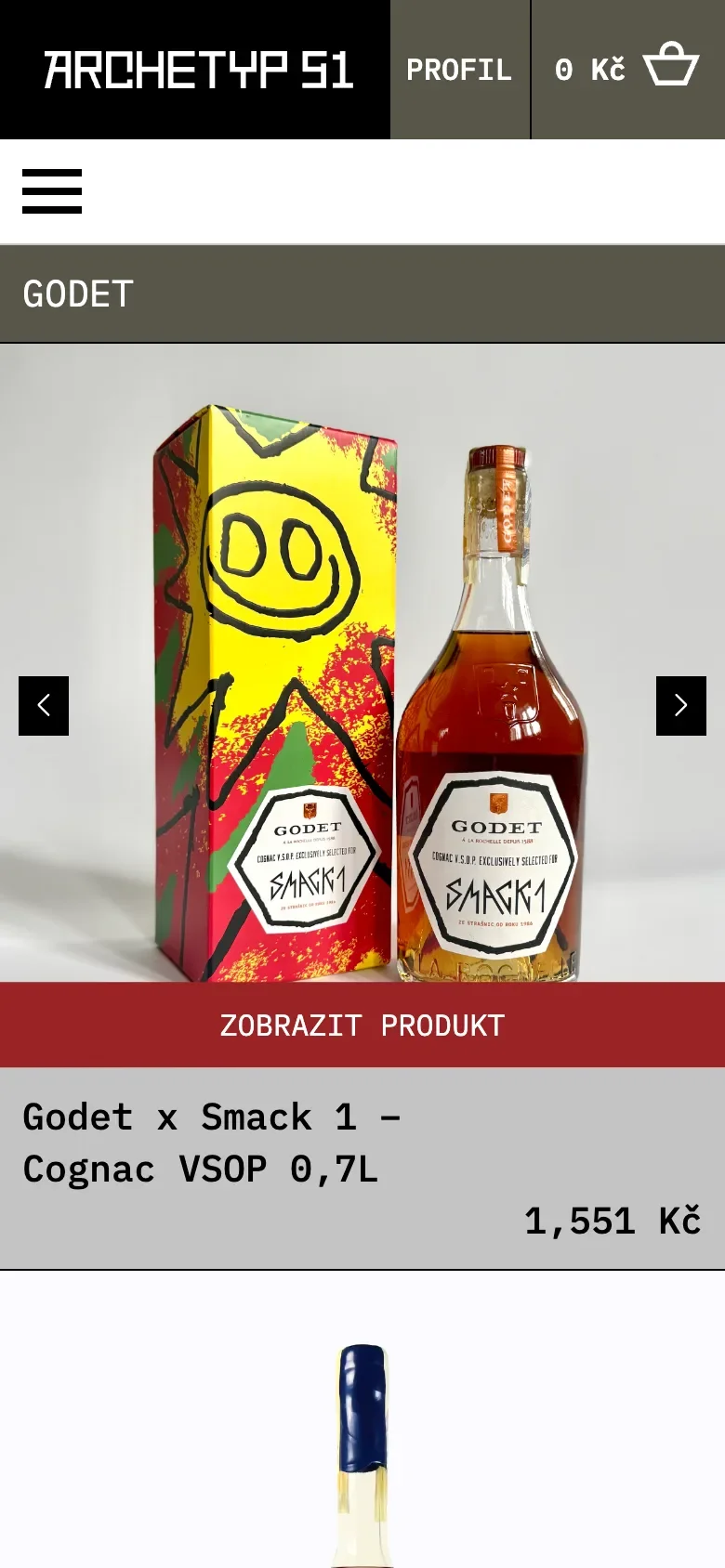 Stránka Godet v telefonu: láhev koňaku Godet x Smack 1 VSOP s krabicí, tlačítko Zobrazit produkt a cena
