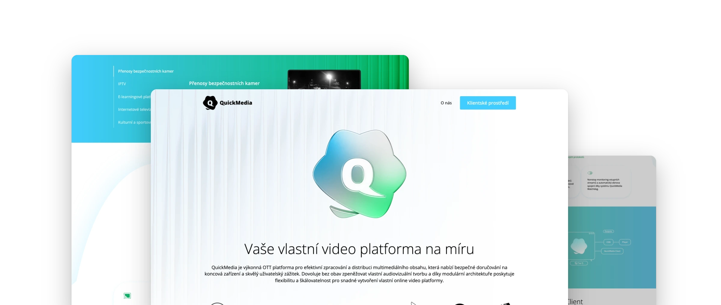 Екрани сайту QuickMedia, складені один на одного: попереду головна зі слоганом «Ваша власна відеоплатформа на замовлення», за нею розділ зі сценаріями використання та схема архітектури