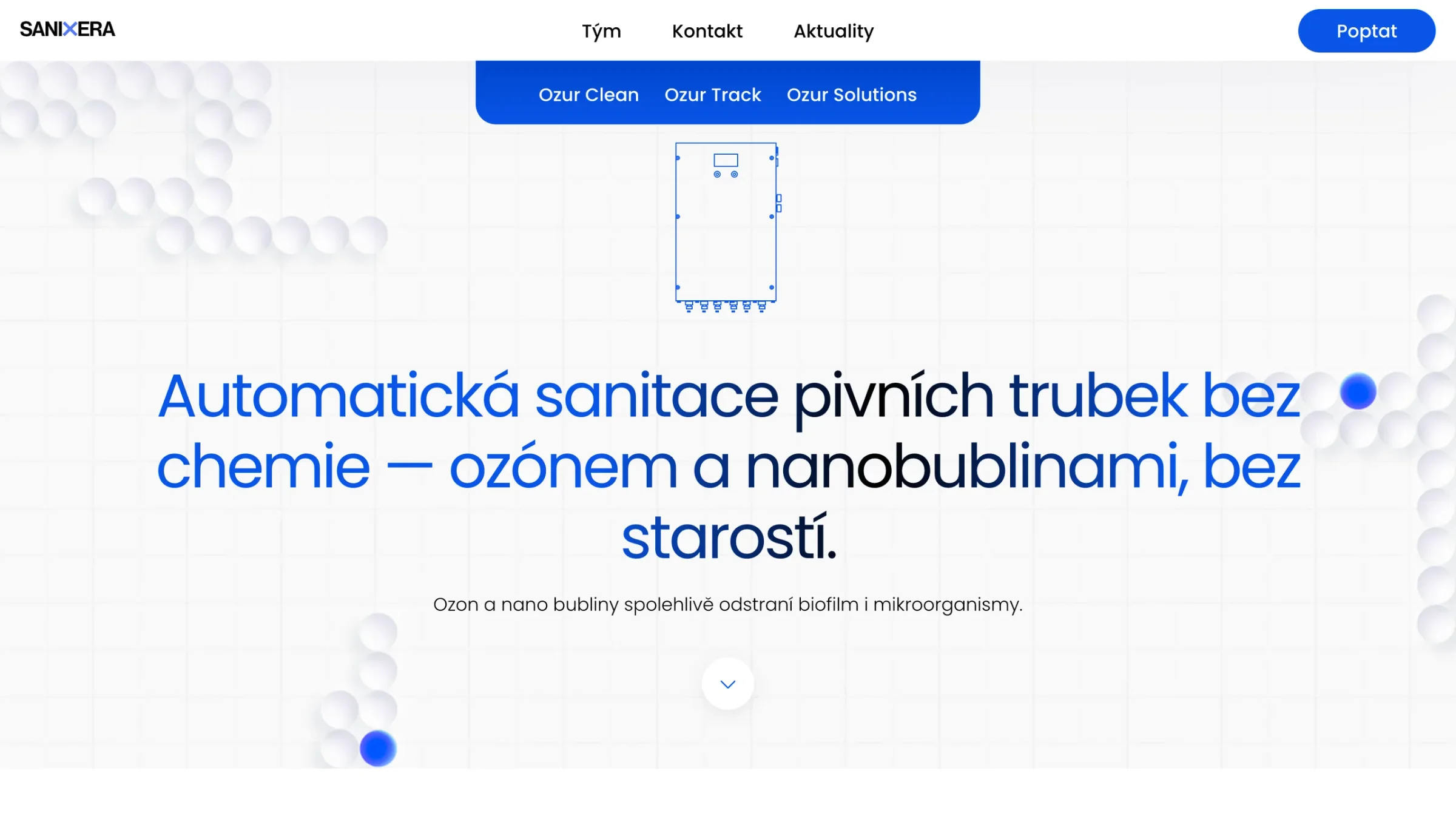 Startseite der Sanixera-Website: Menü mit den Produkten Ozur Clean, Track und Solutions und der Überschrift „Automatische Reinigung von Bierleitungen ohne Chemie“