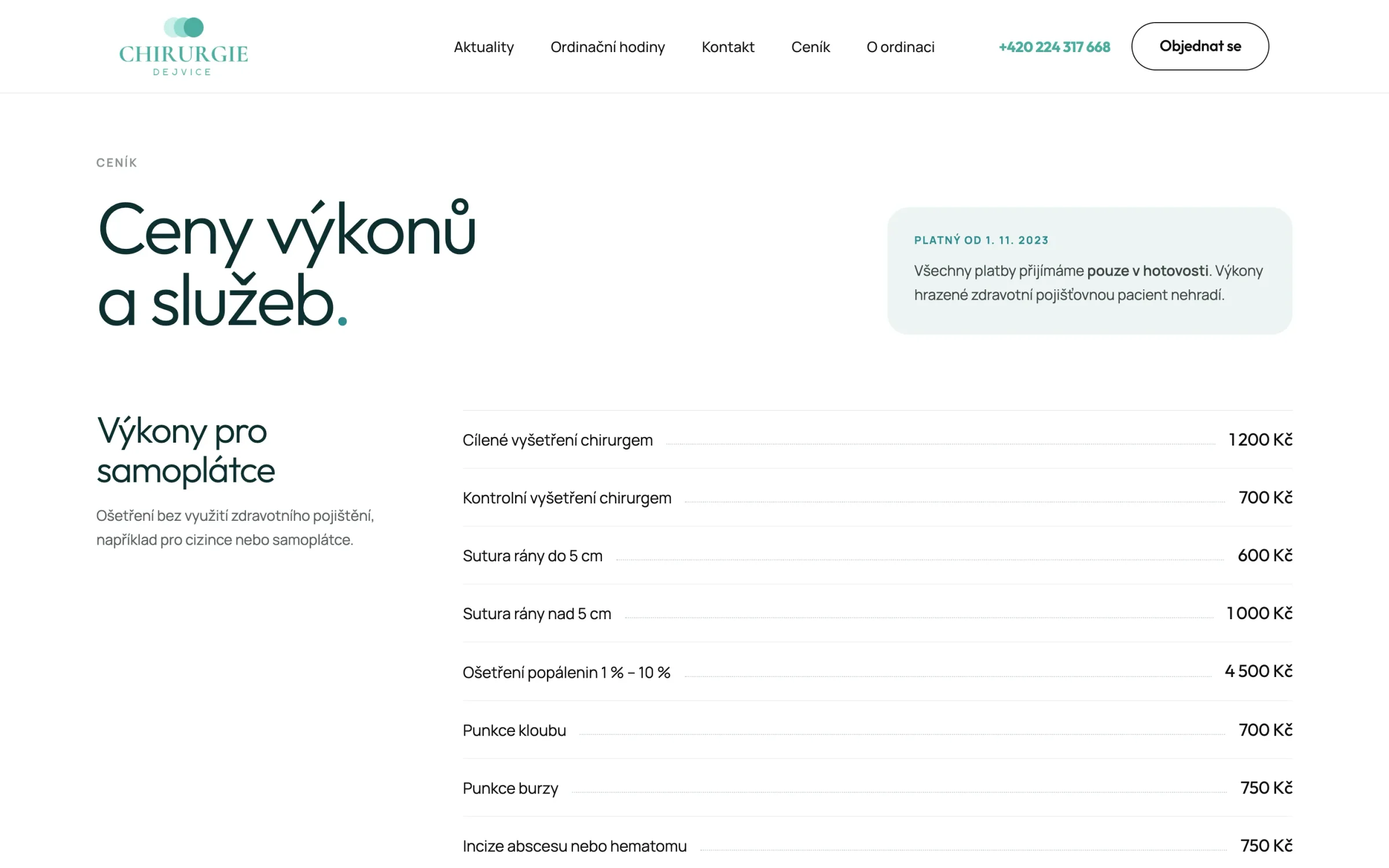 Stránka Ceny výkonů a služeb: štítek Platný od 1. 11. 2023 a seznam výkonů pro samoplátce od cíleného vyšetření chirurgem po ošetření popálenin