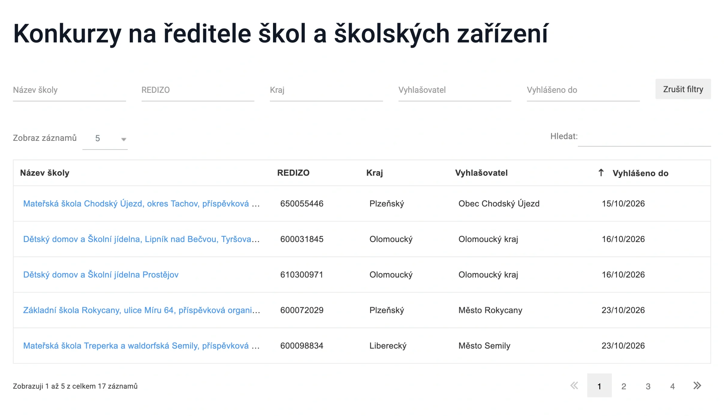 Datenbank der Auswahlverfahren für Schulleitungen mit Suche, Filtern und Tabelle