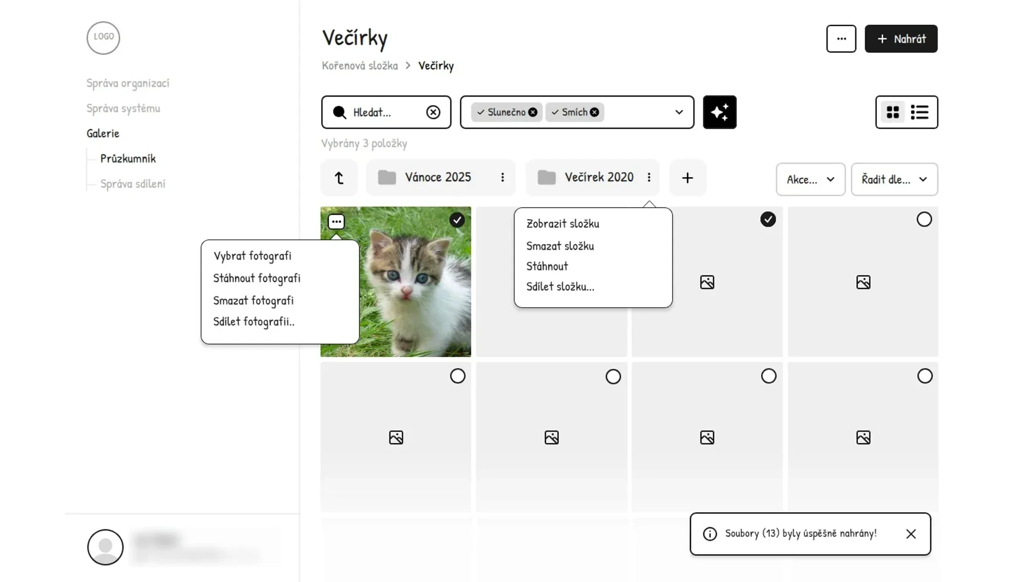 Wireframe of the photo gallery with folders, filters and context menus