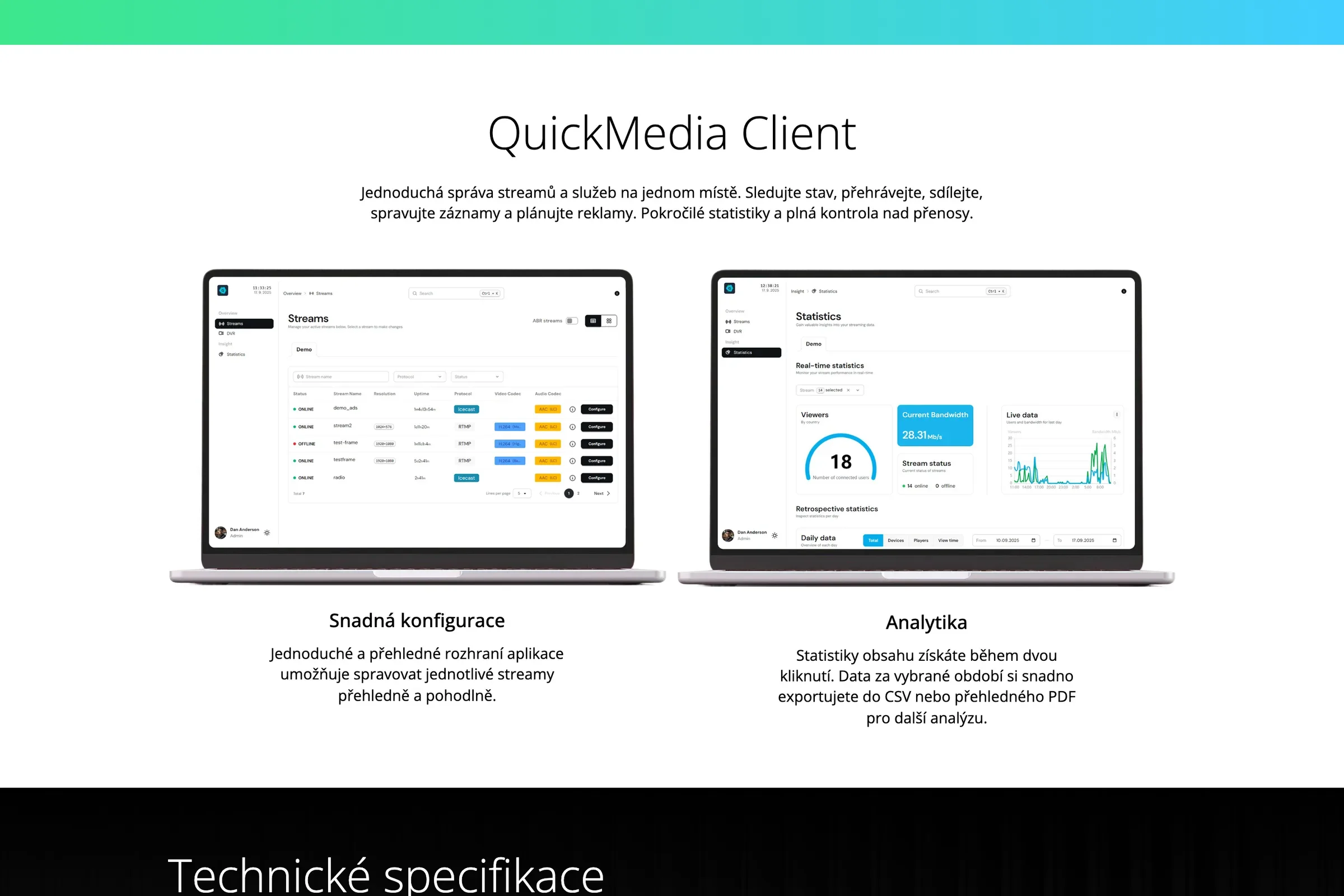 Розділ QuickMedia Client: керування стрімами та статистика