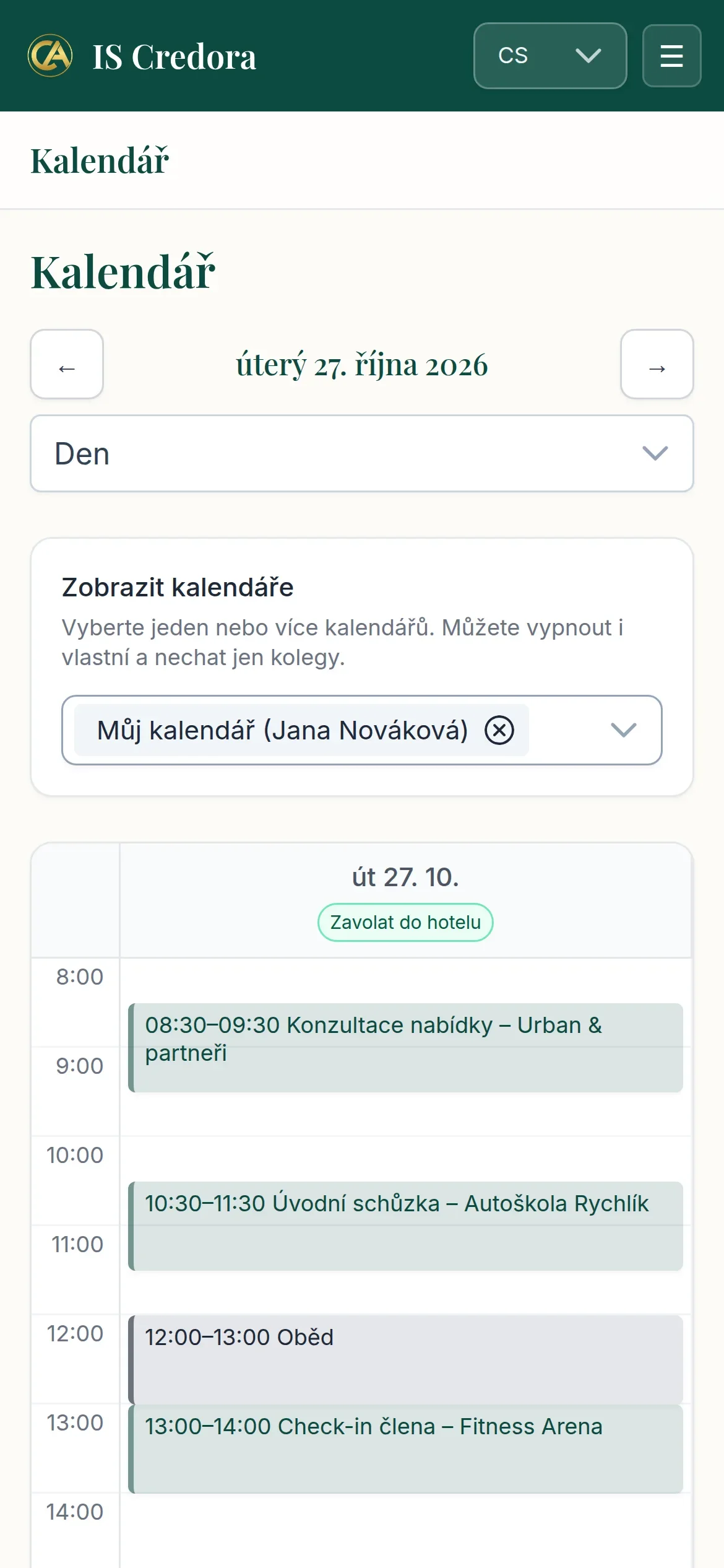 Kalendář IS Credora v telefonu: denní pohled s úkolem nad dnem a schůzkami pod sebou, nahoře přepínač jazyka a menu