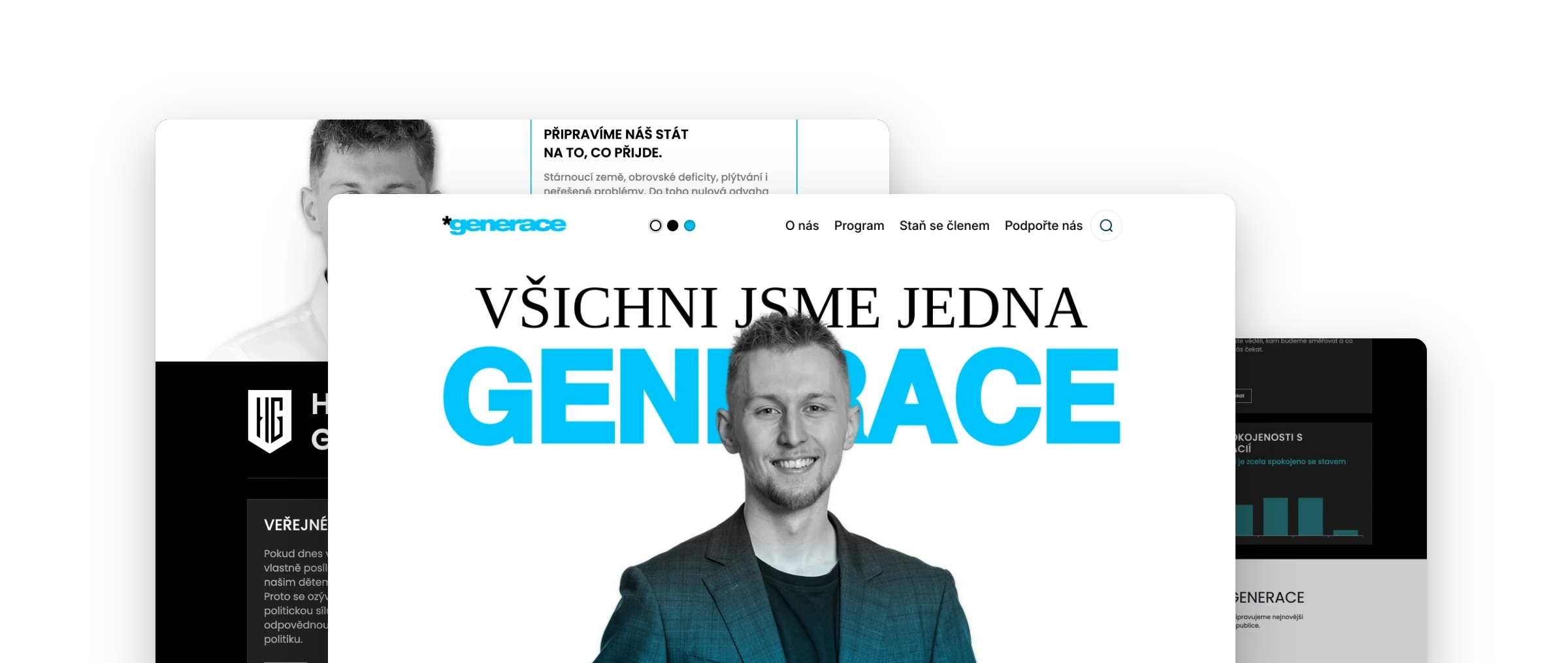Übereinander gestapelte Bildschirme der Websites von Hnutí Generace: vorne die Startseite der zweiten Webrichtung, dahinter die ursprüngliche Website