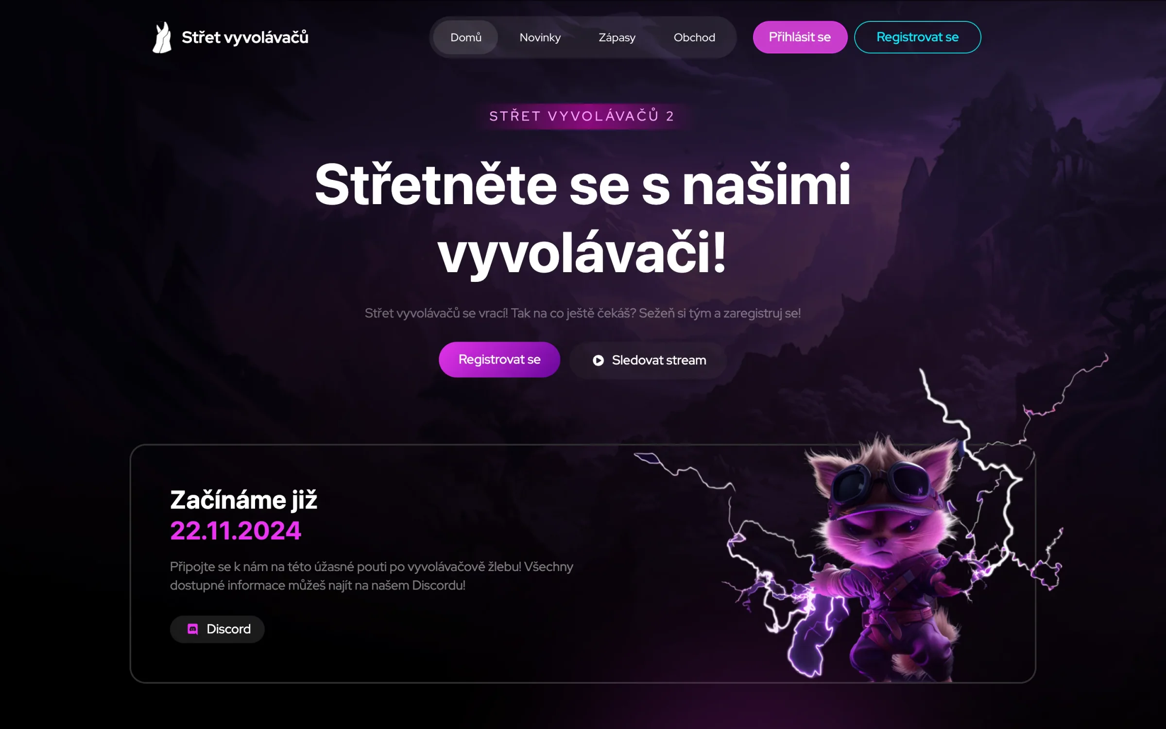 Úvodní stránka Střet vyvolávačů: nadpis Střetněte se s našimi vyvolávači!, tlačítka Registrovat se a Sledovat stream a karta Začínáme již 22.11.2024 s ilustrací postavy obklopené blesky