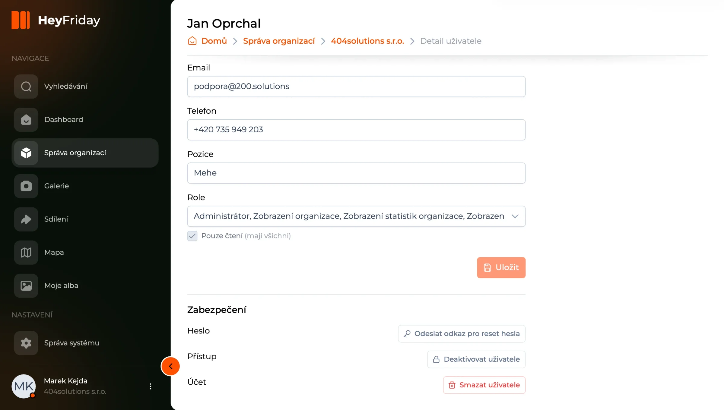User detail: contact, position, role and account security settings
