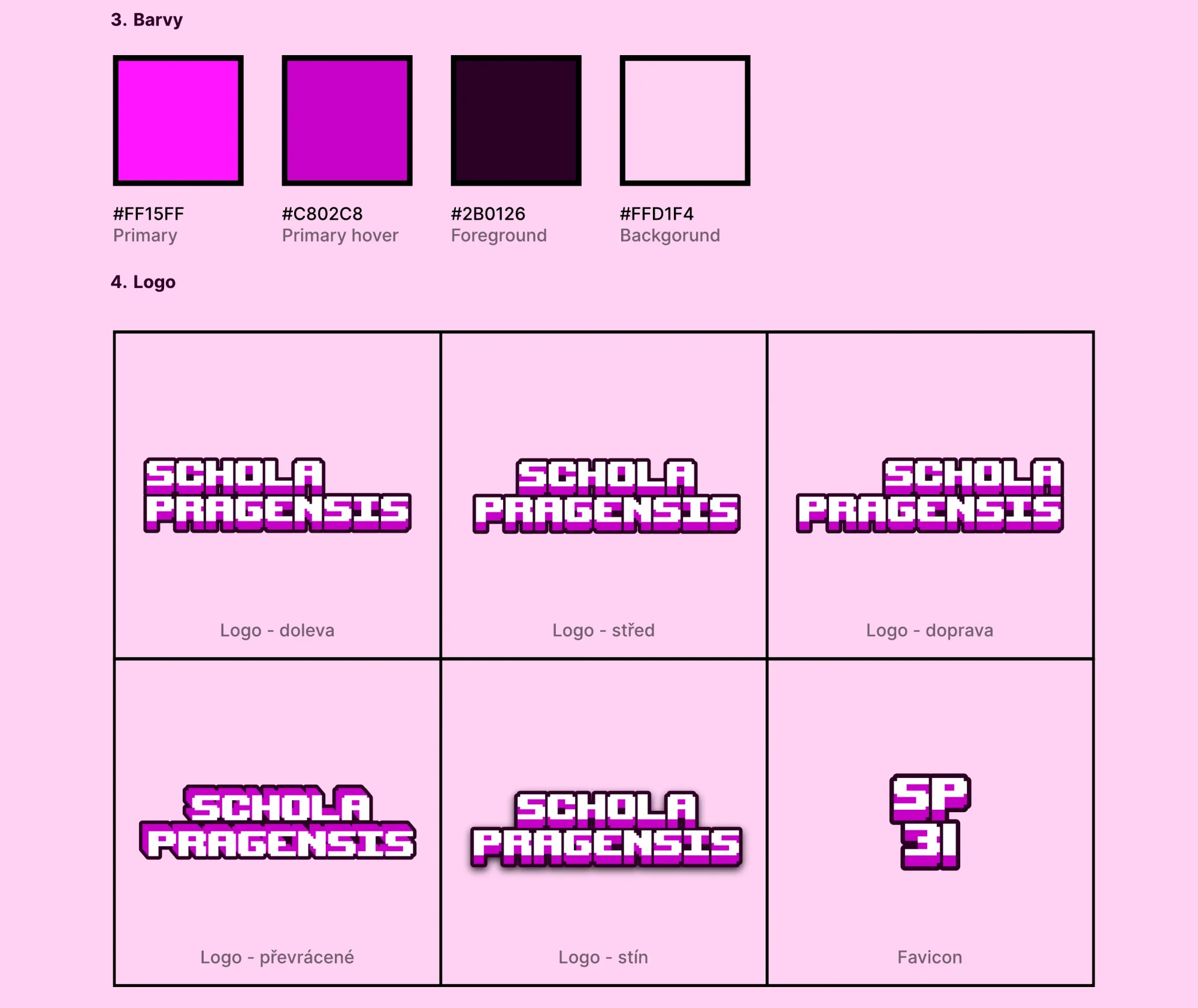 A page of the design manual with four colours and the logo variants: left, centred, right, inverted, with a shadow and the SP 31 favicon