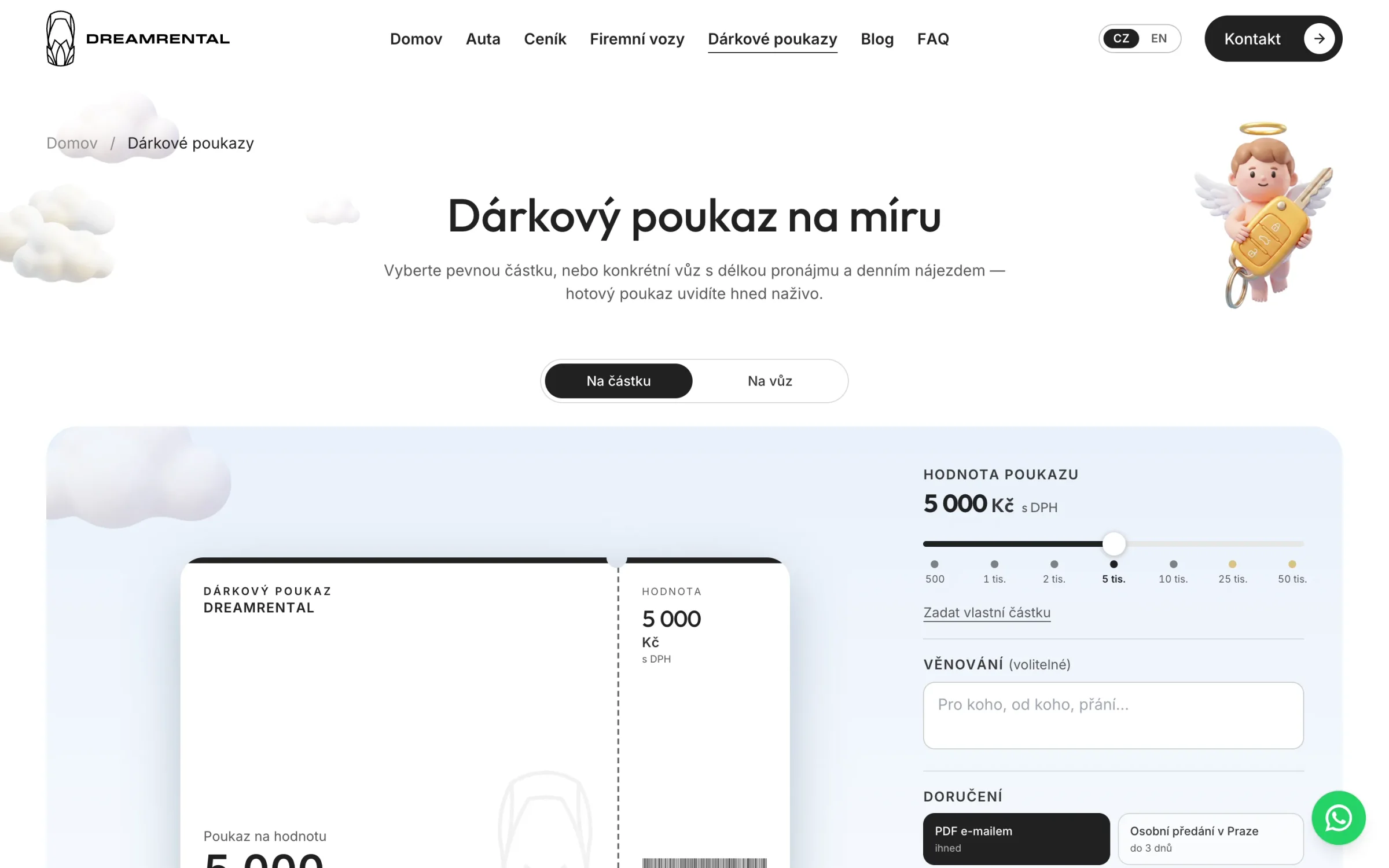 Konfigurátor Dárkový poukaz na míru: přepínač Na částku a Na vůz, náhled poukazu DREAMRENTAL na 5 000 Kč a volba hodnoty