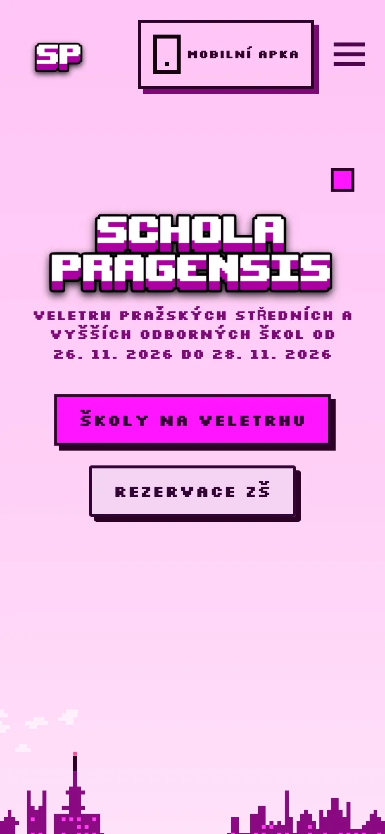The scholapragensis.online website on a phone with the pixel logo and the pink Prague skyline