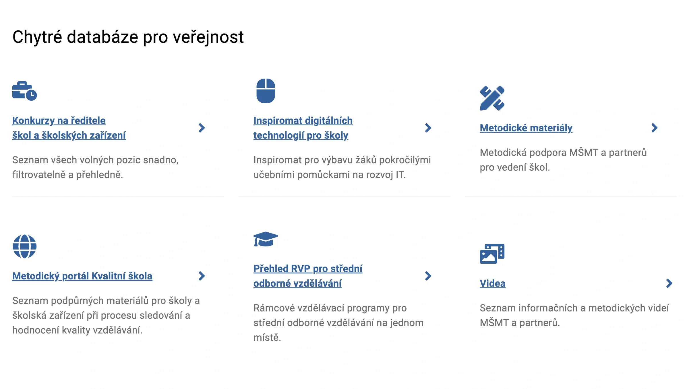 Übersicht öffentlicher Datenbanken und methodischer Ressourcen auf edu.gov.cz