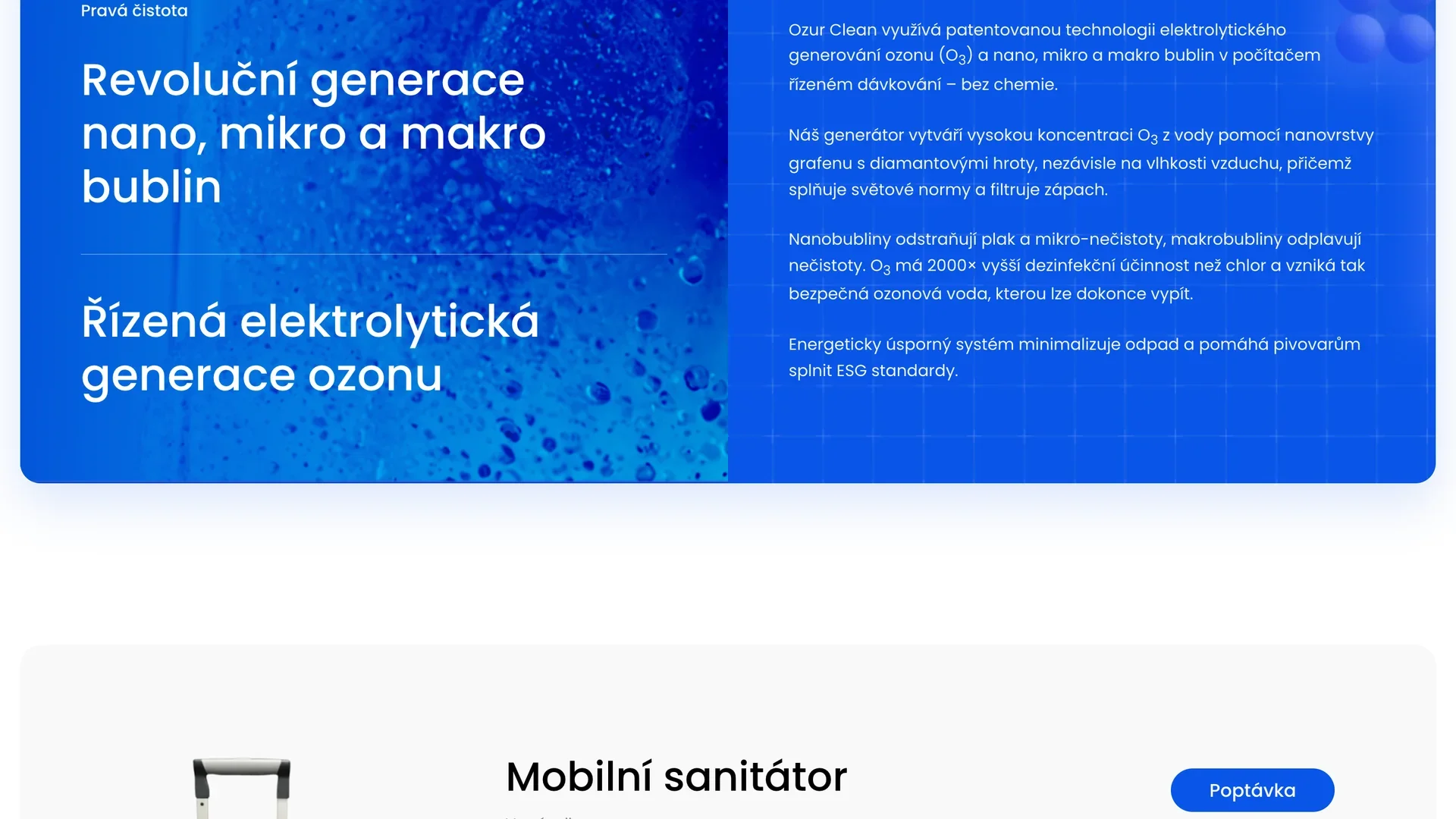 Sanixera-Website: Seite Ozur Clean, revolutionäre Erzeugung von Nano-, Mikro- und Makrobläschen und gesteuerte elektrolytische Ozonerzeugung