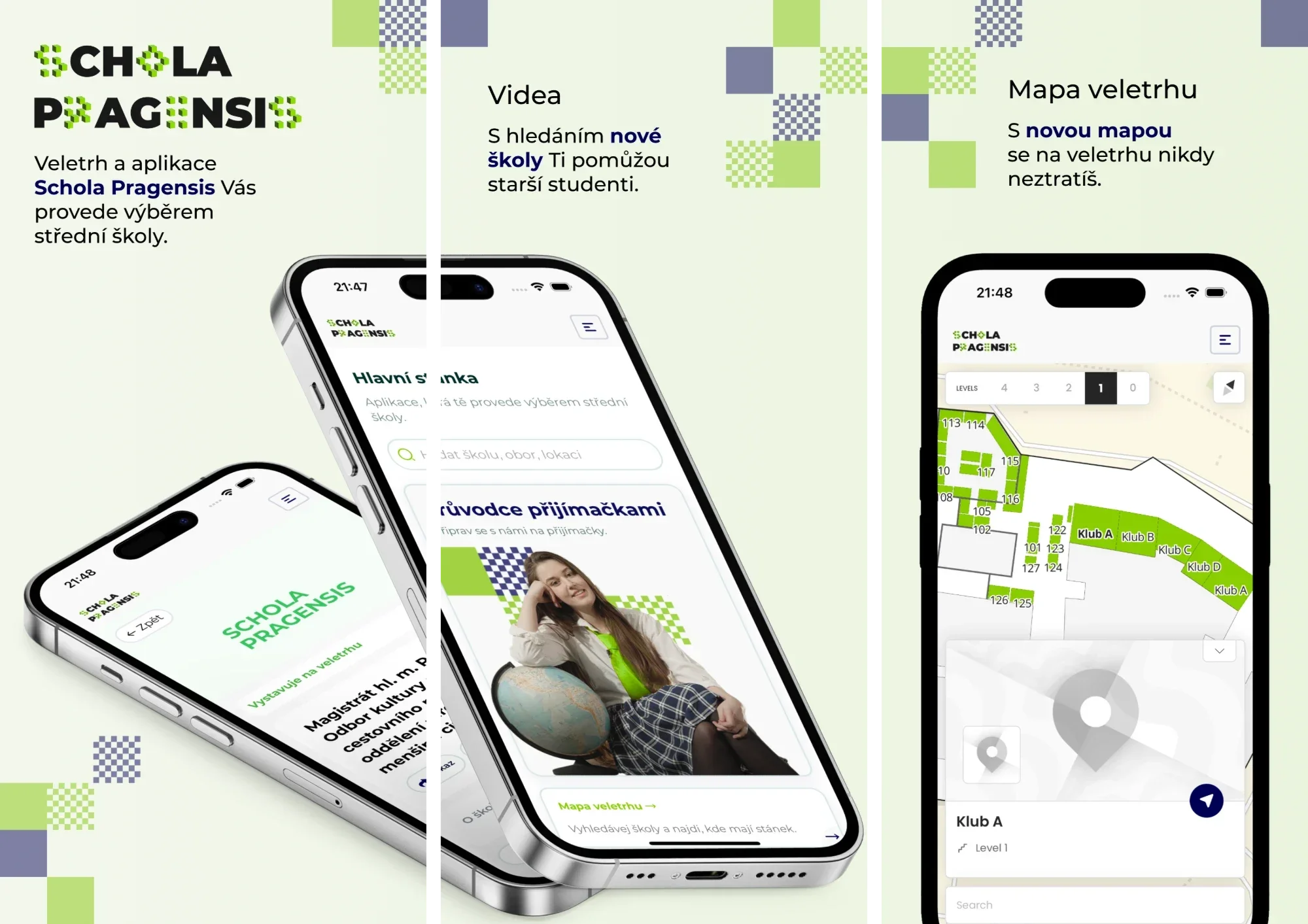 Drei Store-Bilder der App: Startseite mit Logo, Videos älterer Schüler und der Messeplan