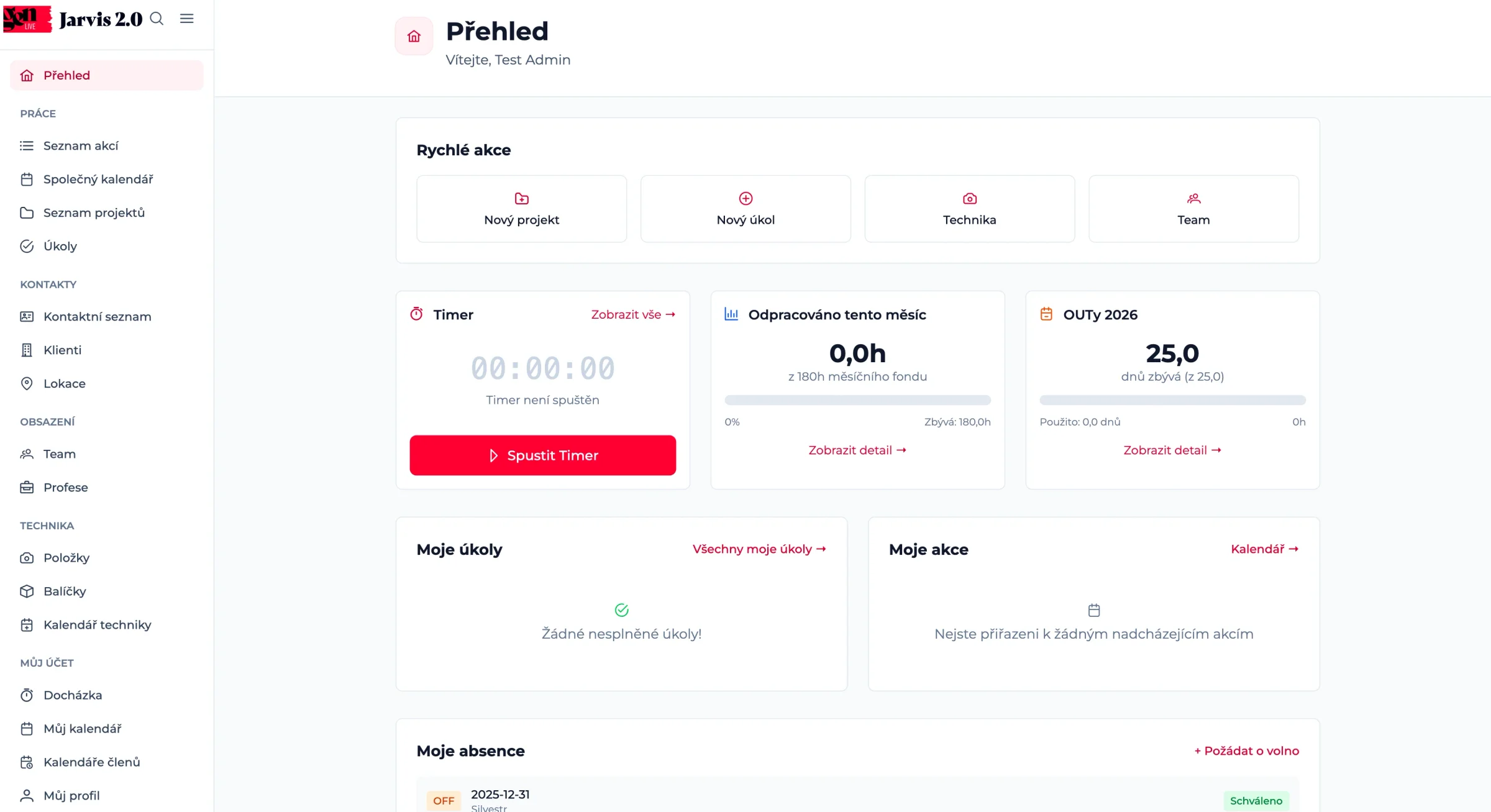 Přehled Jarvisu: rychlé akce Nový projekt, Nový úkol, Technika a Team, timer, odpracované hodiny z měsíčního fondu, zbývající dny volna, moje úkoly, moje akce a moje absence se stavem Schváleno