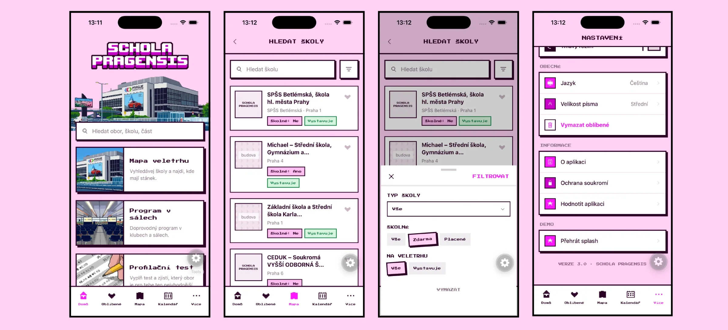 Designs of four app screens from the manual: home with search, the school list, filters and settings