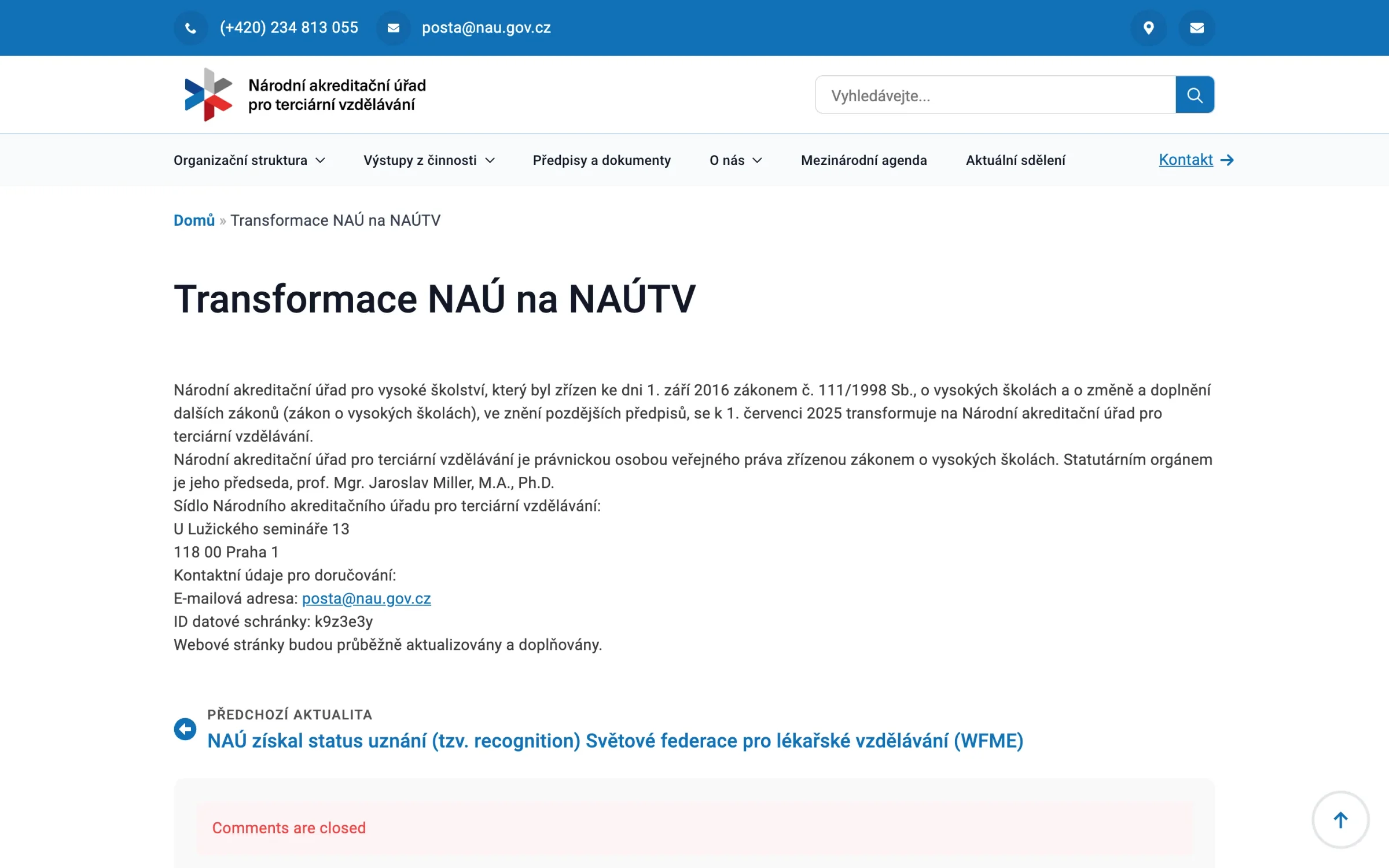 Aktualita Transformace NAÚ na NAÚTV