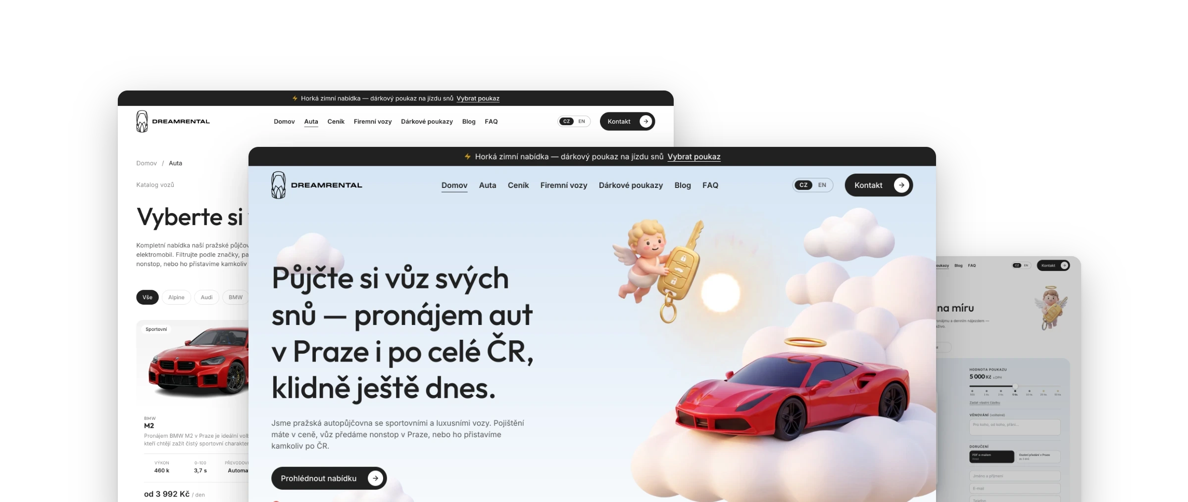 Obrazovky webu DREAMRENTAL poskládané přes sebe: vpředu úvod Půjčte si vůz svých snů s červeným sporťákem na obláčku a andílkem, za ním katalog vozů a ceník