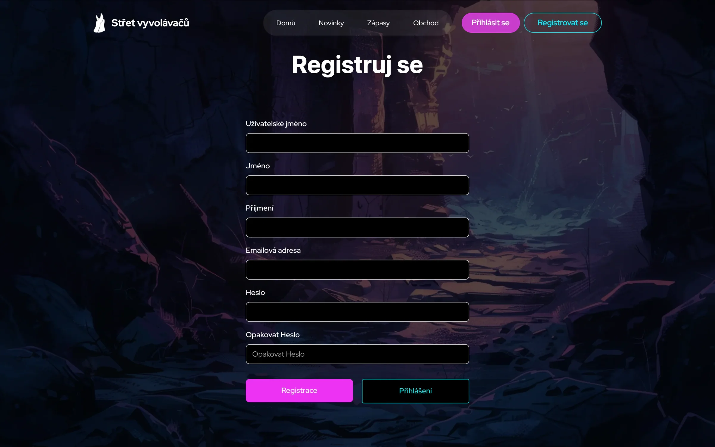 Stránka Registruj se: pole pro uživatelské jméno, jméno, příjmení, e-mail a dvakrát heslo, tlačítka Registrace a Přihlášení