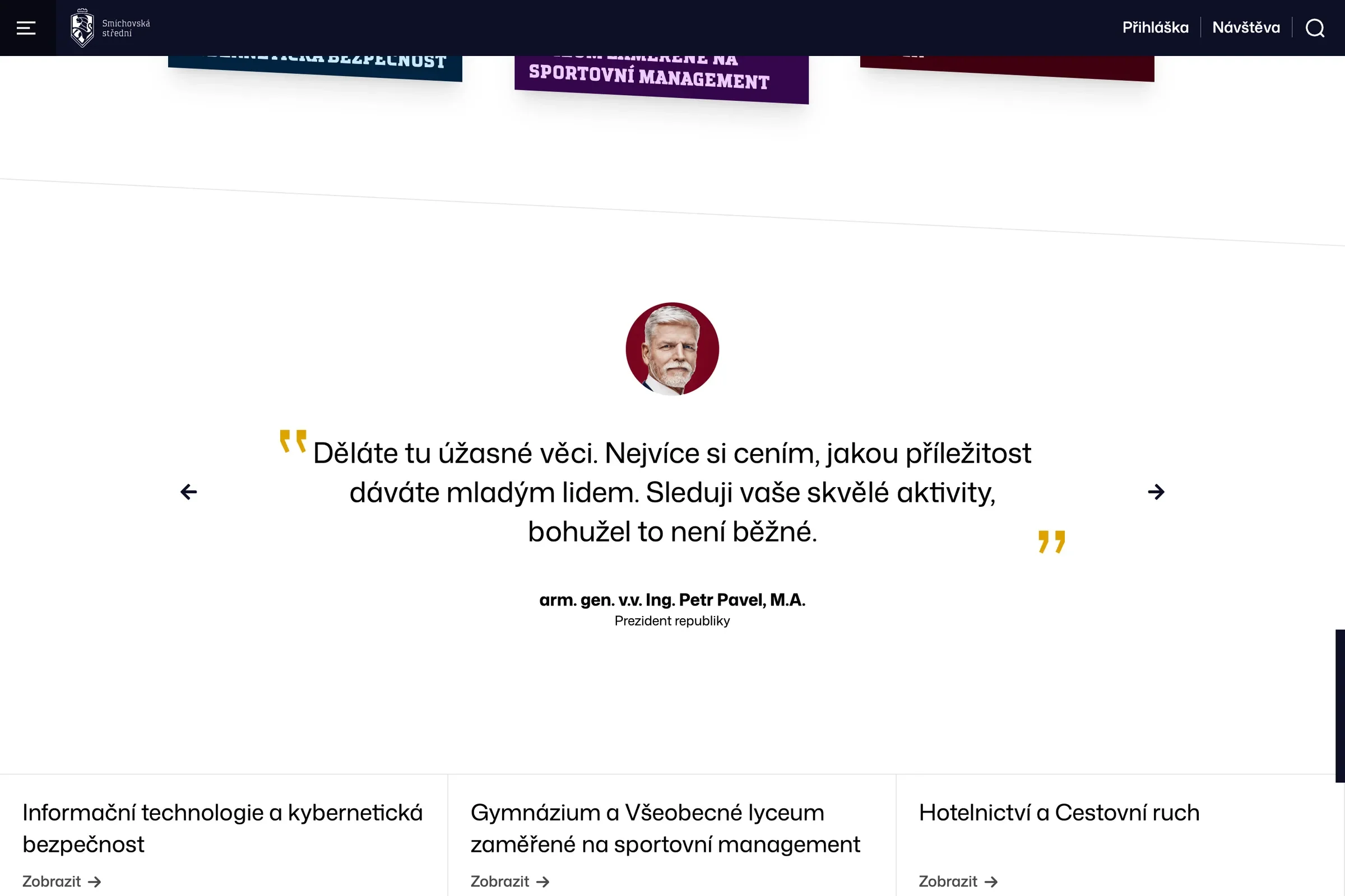 A testimonial from a prominent figure on the homepage and links to the fields of study