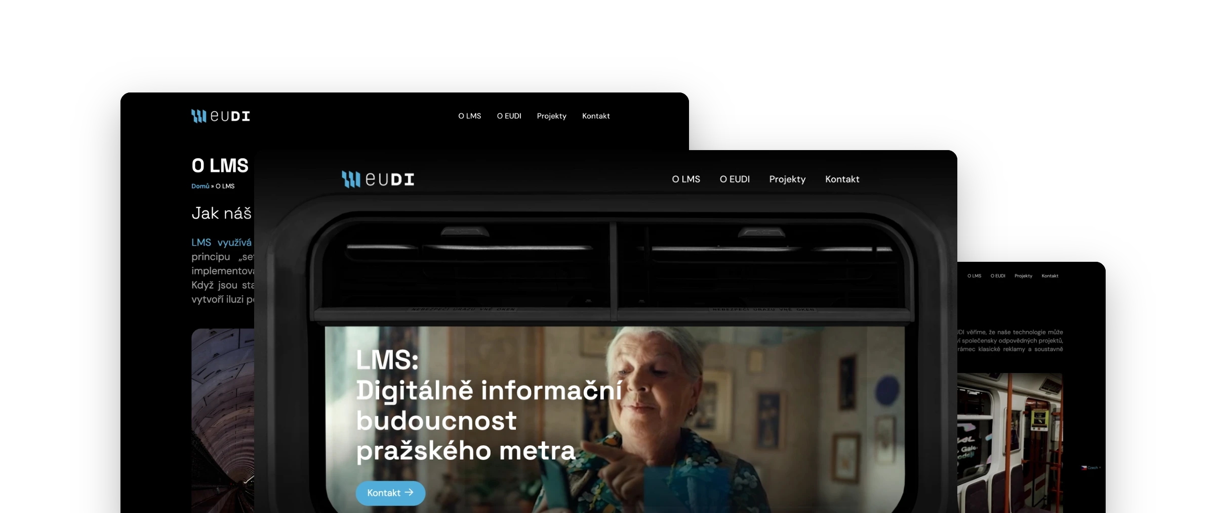 Screens of the EUDI website stacked together: the opening with advertising seen through a metro window, the About LMS page and the project overview