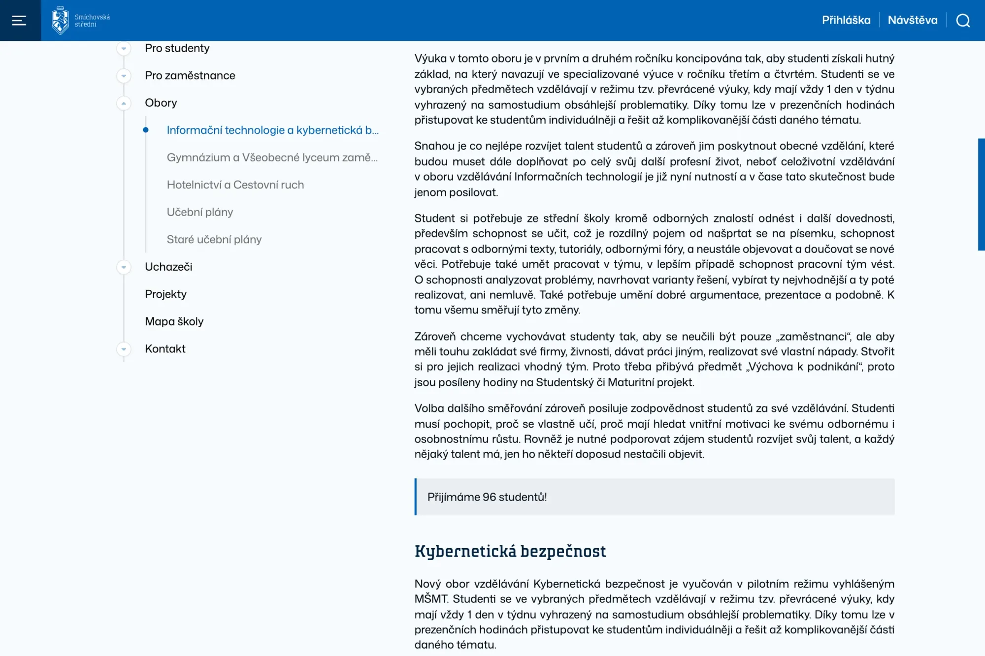 The Information technology and cybersecurity field page with a description of teaching