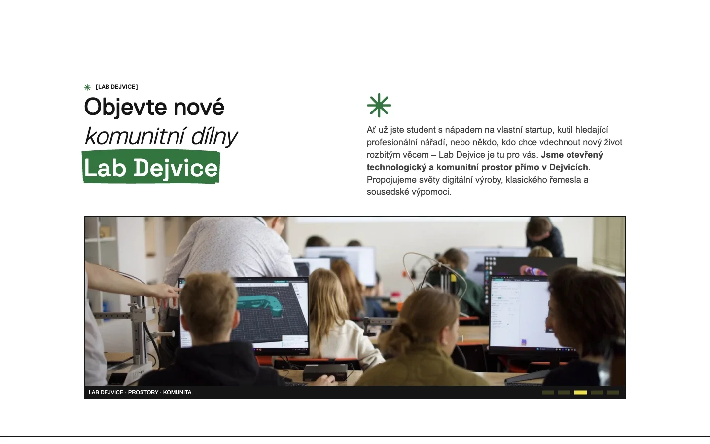 The page for the equipped Lab Dejvice workshop