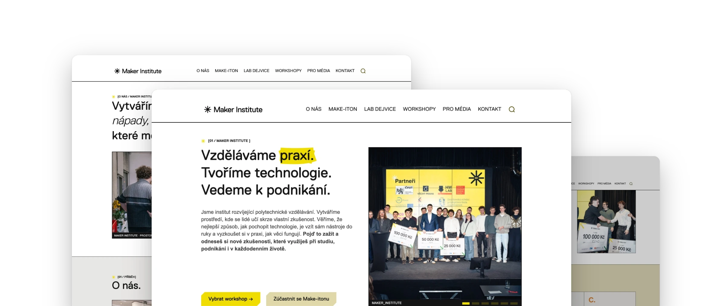 Obrazovky webu Maker Institute poskládané přes sebe: homepage s heslem Vzděláváme praxí, stránka O nás a Make-iton