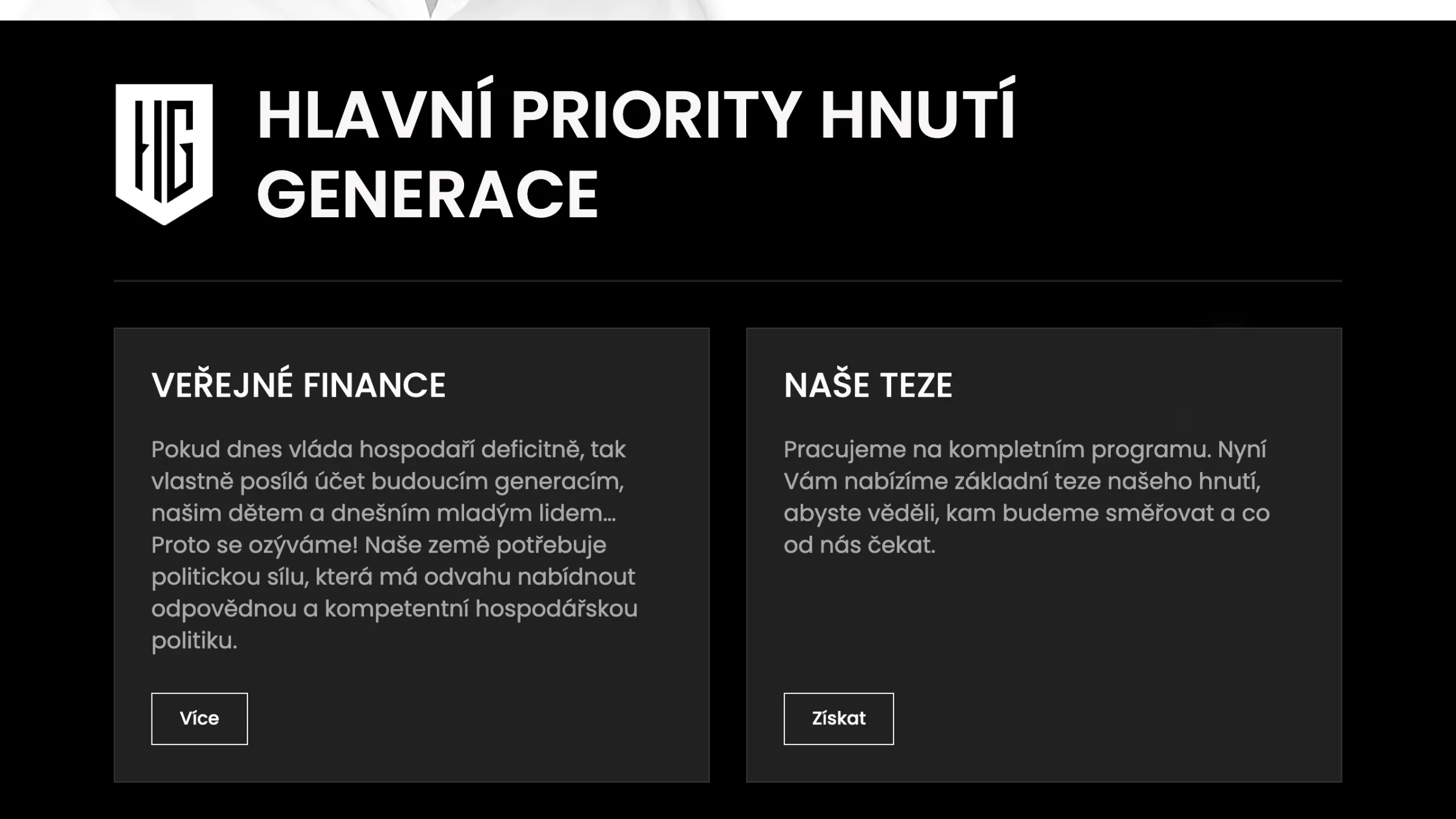 Themenkarten der ursprünglichen Website von Hnutí Generace