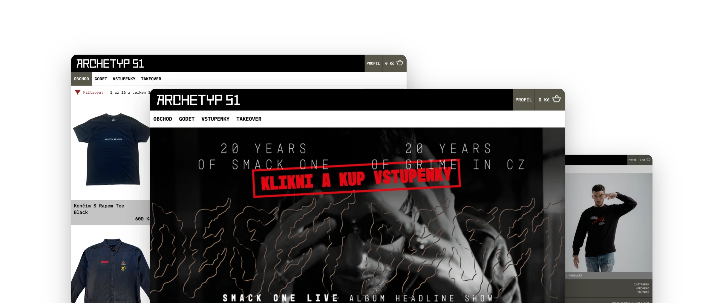 Obrazovky webu Archetyp51 poskládané přes sebe: vpředu úvod s pozvánkou na koncert 20 Years of Smack One, za ním obchod s merchem a profil Smack One