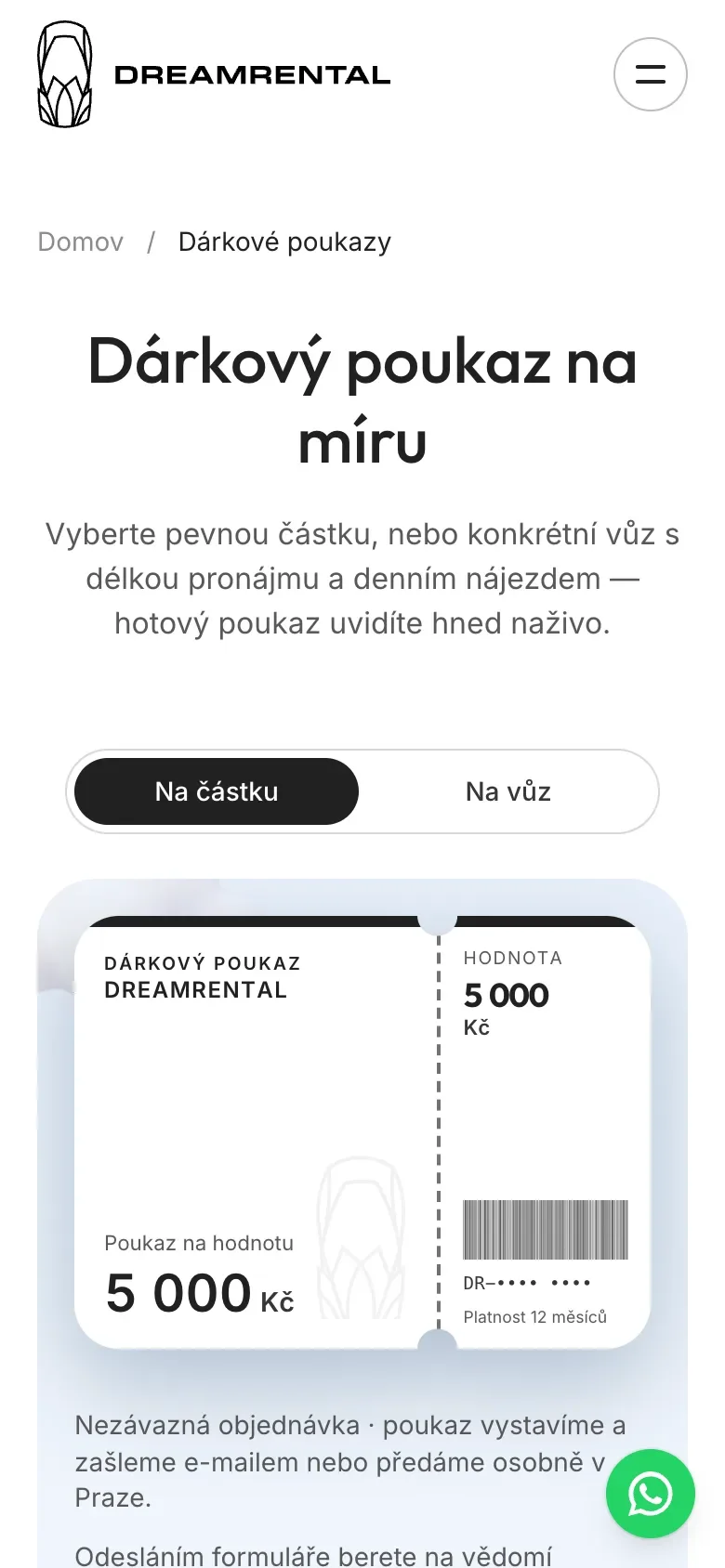 Konfigurátor dárkového poukazu v telefonu s náhledem poukazu a volbou hodnoty
