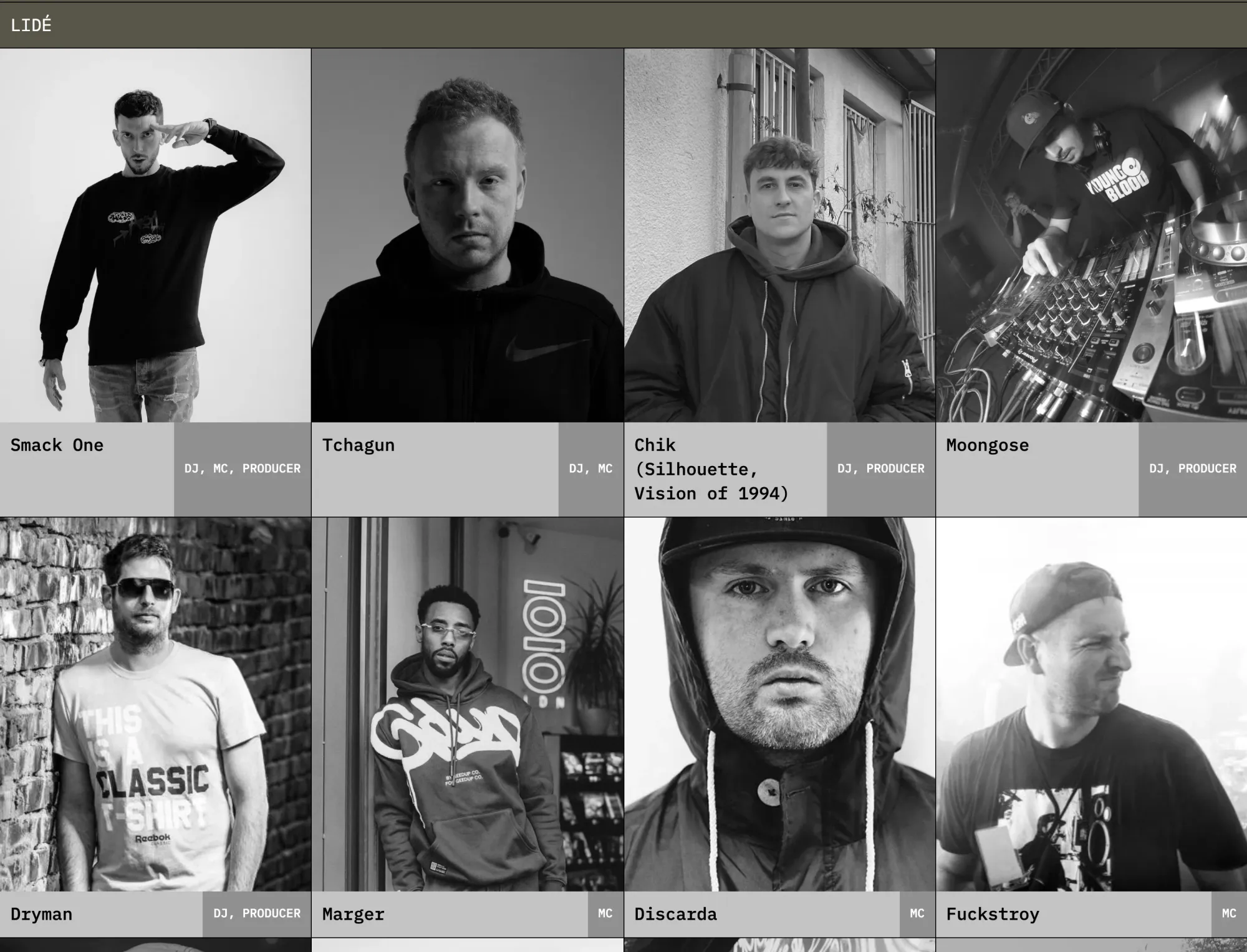 Sekce Lidé: černobílé portréty členů crew s rolemi, mezi nimi Smack One, Tchagun, Chik, Moongose, Dryman, Marger, Discarda a Fuckstroy