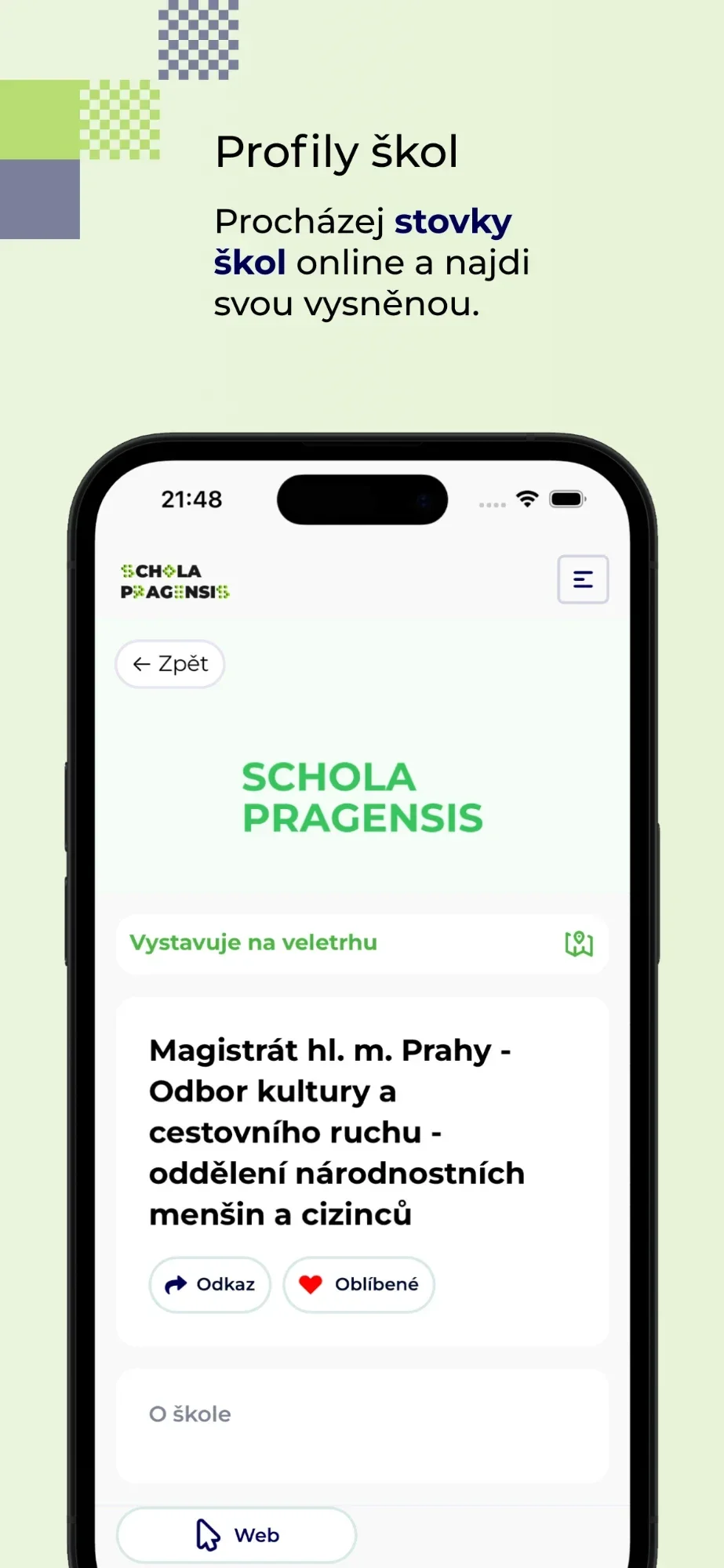 App-Bildschirm mit einem Schulprofil, dem Hinweis Stellt auf der Messe aus und den Knöpfen Link und Favoriten