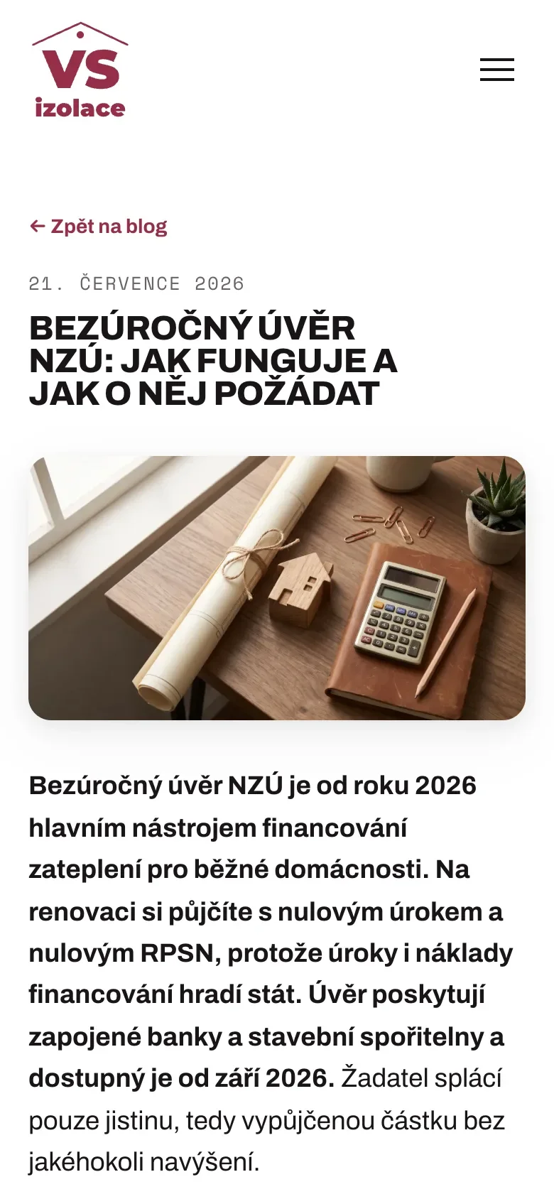 Článek Bezúročný úvěr NZÚ v telefonu: nadpis, ilustrační fotka s kalkulačkou a perex