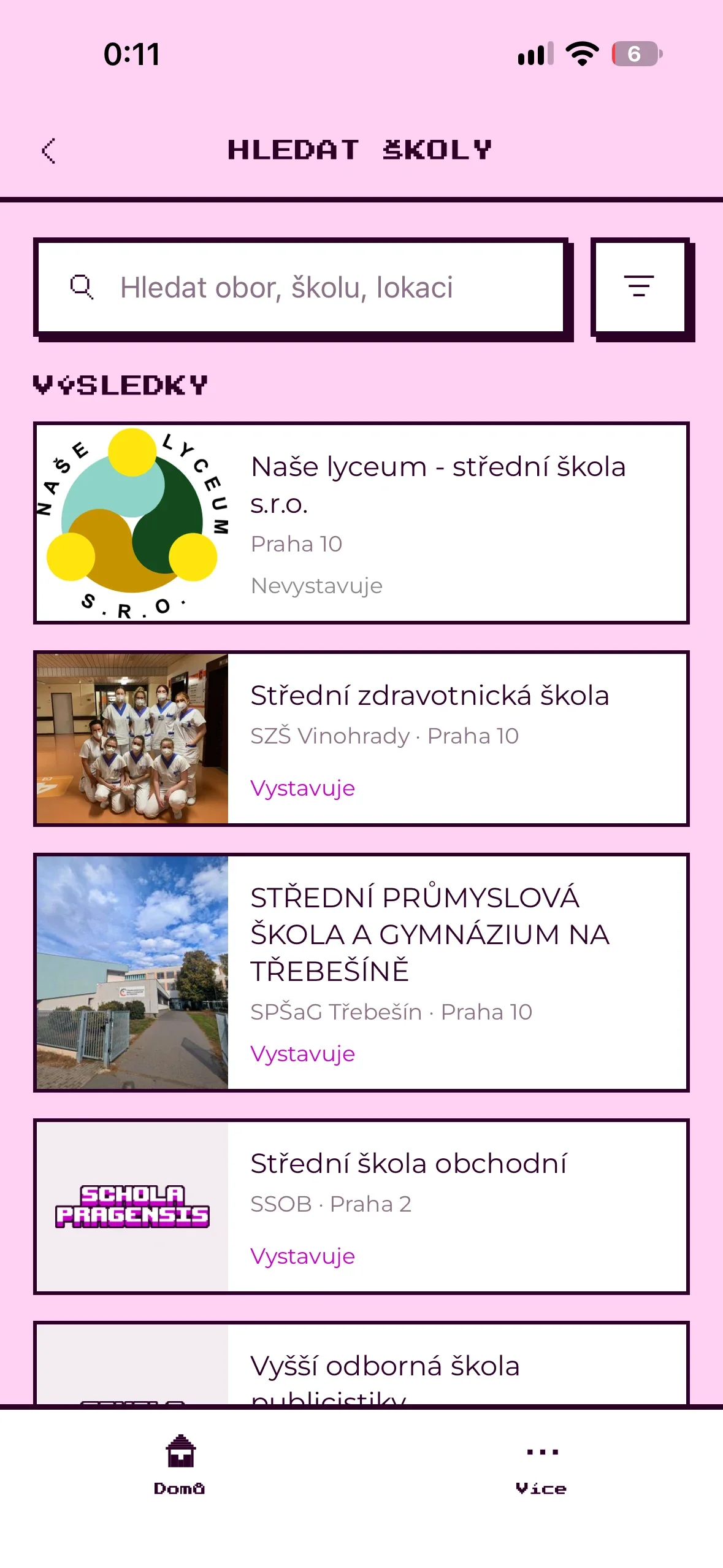 School search results with a photo or logo, the city district and the Exhibiting label
