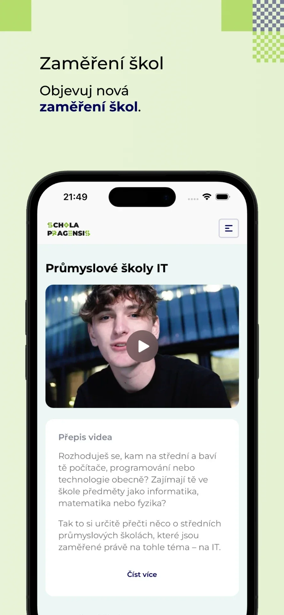 App-Bildschirm mit der Fachrichtung Technische Schulen IT, einem Video und seinem Transkript