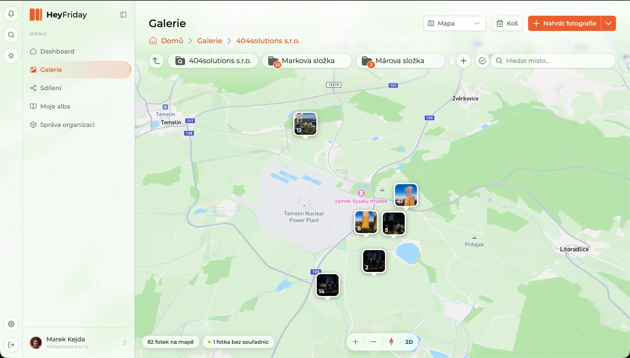 The HeyFriday gallery in map view: photos grouped by where they were taken around the Temelín power plant, each group showing its number of shots