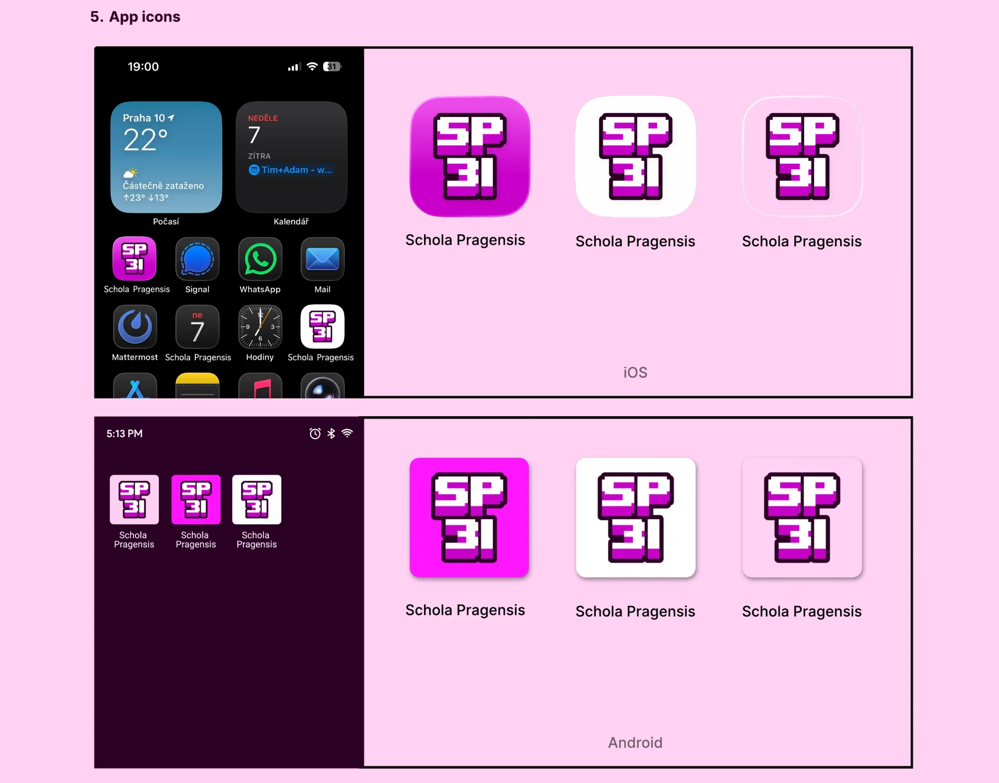 A page of the design manual with the SP 31 app icon in three colour variants on an iPhone and an Android home screen