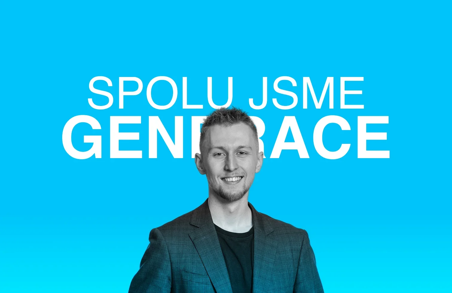 Einstieg der zweiten Website-Richtung: Daniel Krutý auf blauem Grund mit dem Slogan Spolu jsme Generace