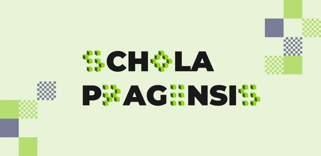 Ein Banner mit dem Würfellogo von Schola Pragensis und karierten Quadraten in den Ecken