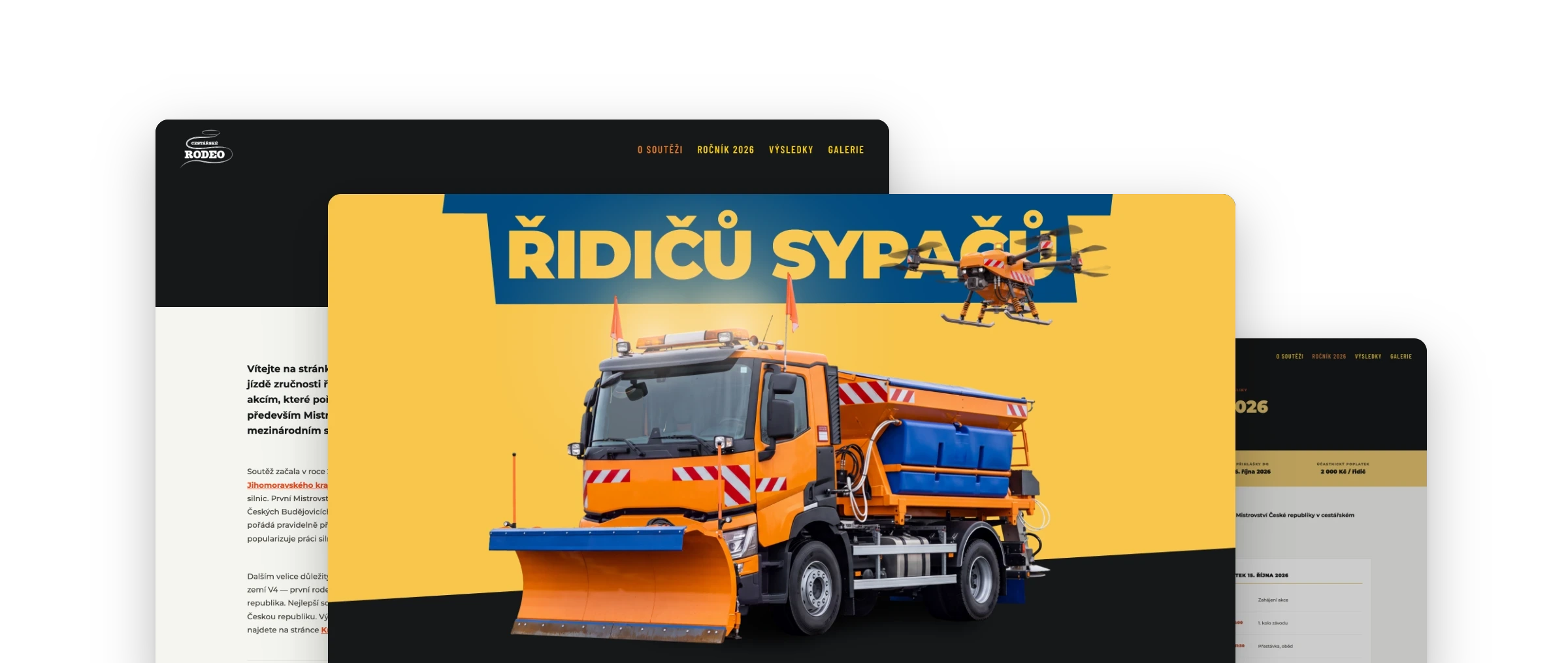 Obrazovky webu Cestářského rodea poskládané přes sebe: úvod se sypačem, stránka O soutěži a ročník 2026