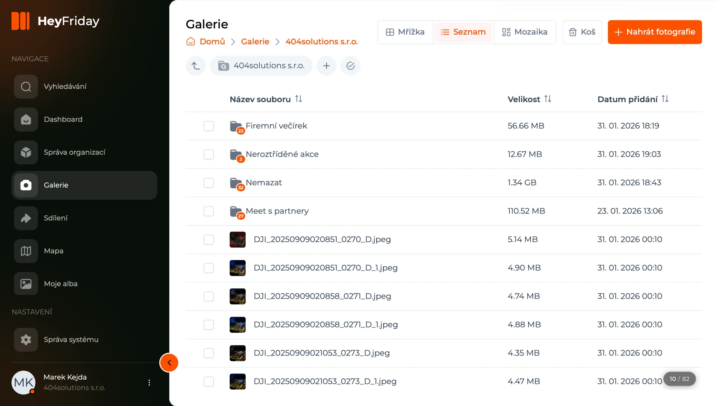 Gallery in list view: a table of folders and files with their size and date added