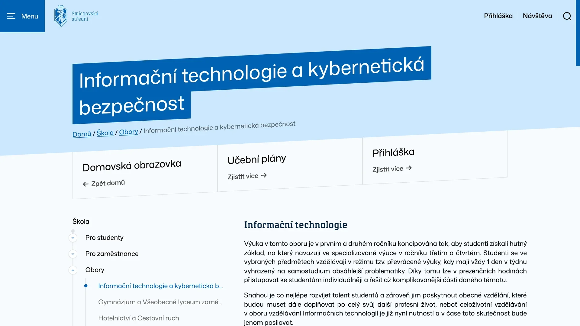 SSPŠ website: the Information technology and cybersecurity field page